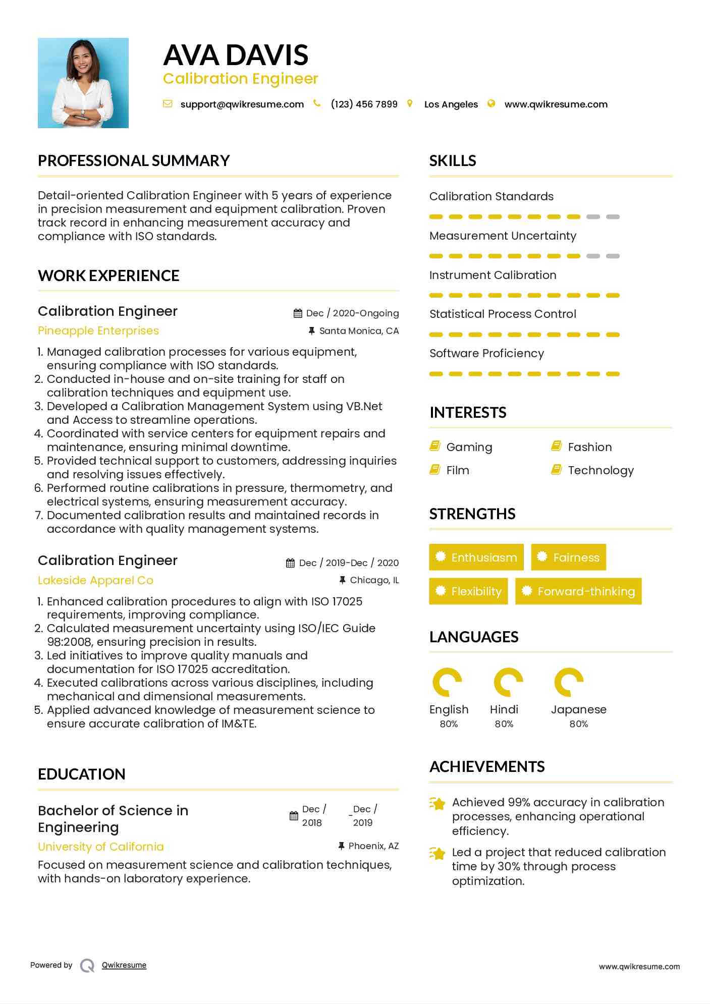 Calibration Engineer Resume Samples QwikResume
