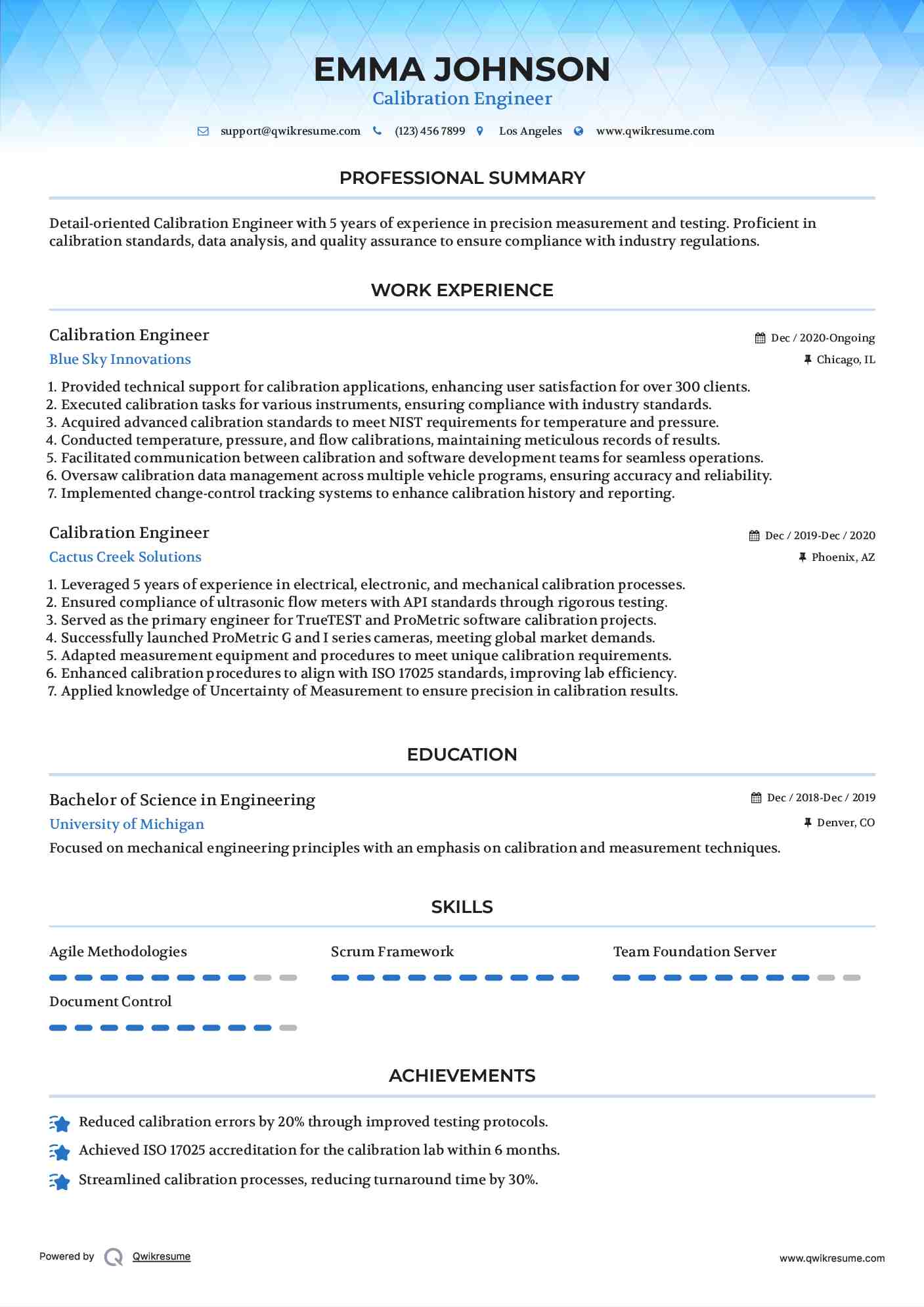 Calibration Engineer Resume Samples QwikResume