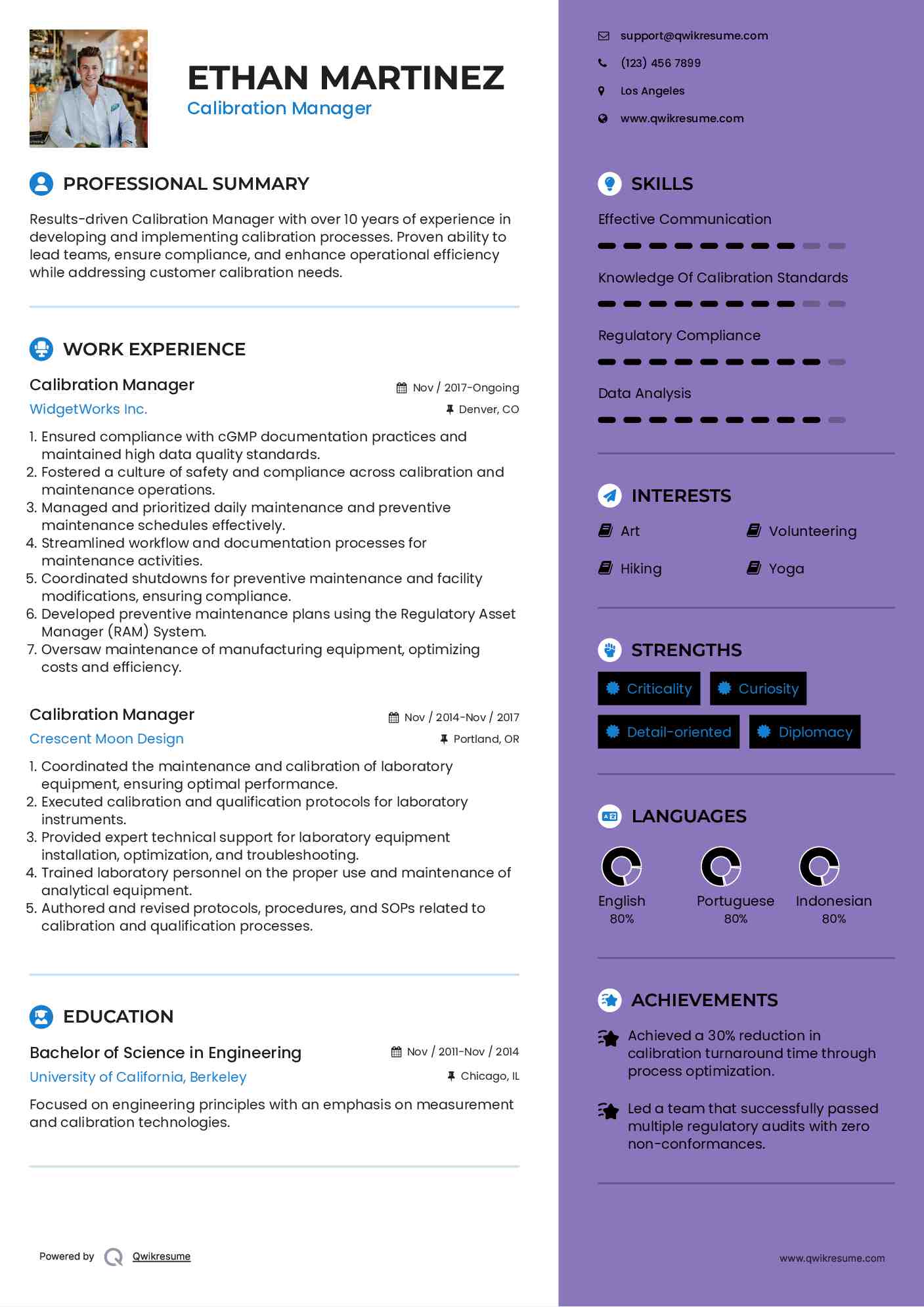 Calibration Manager Resume Samples QwikResume