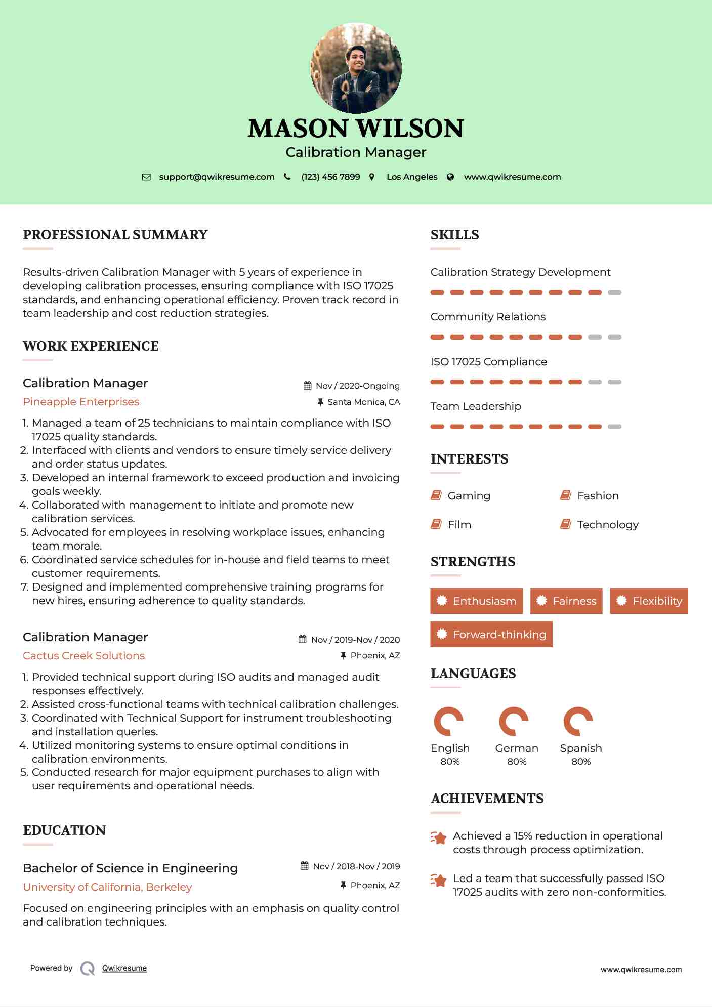Calibration Manager Resume Template