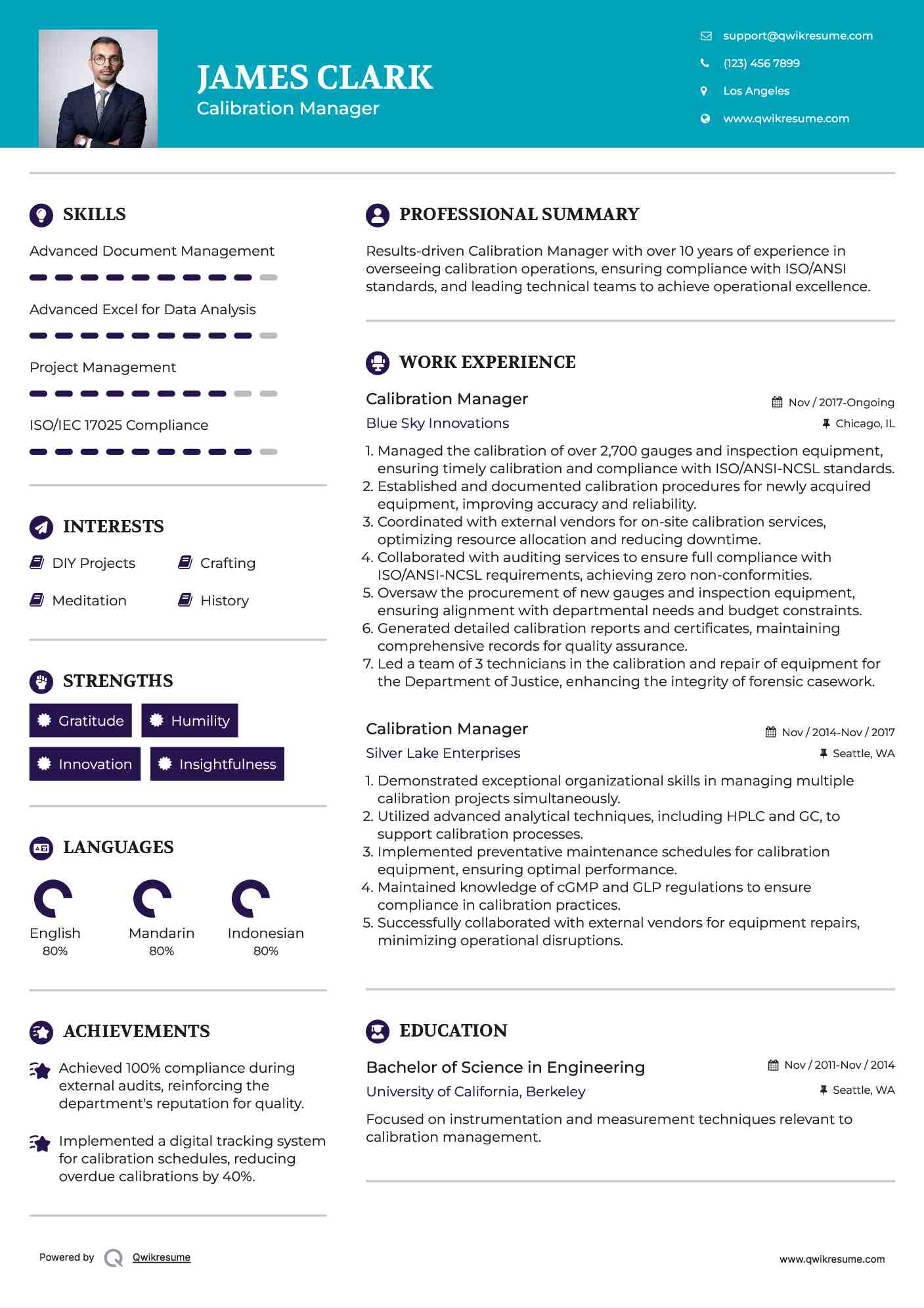 Calibration Manager Resume Sample