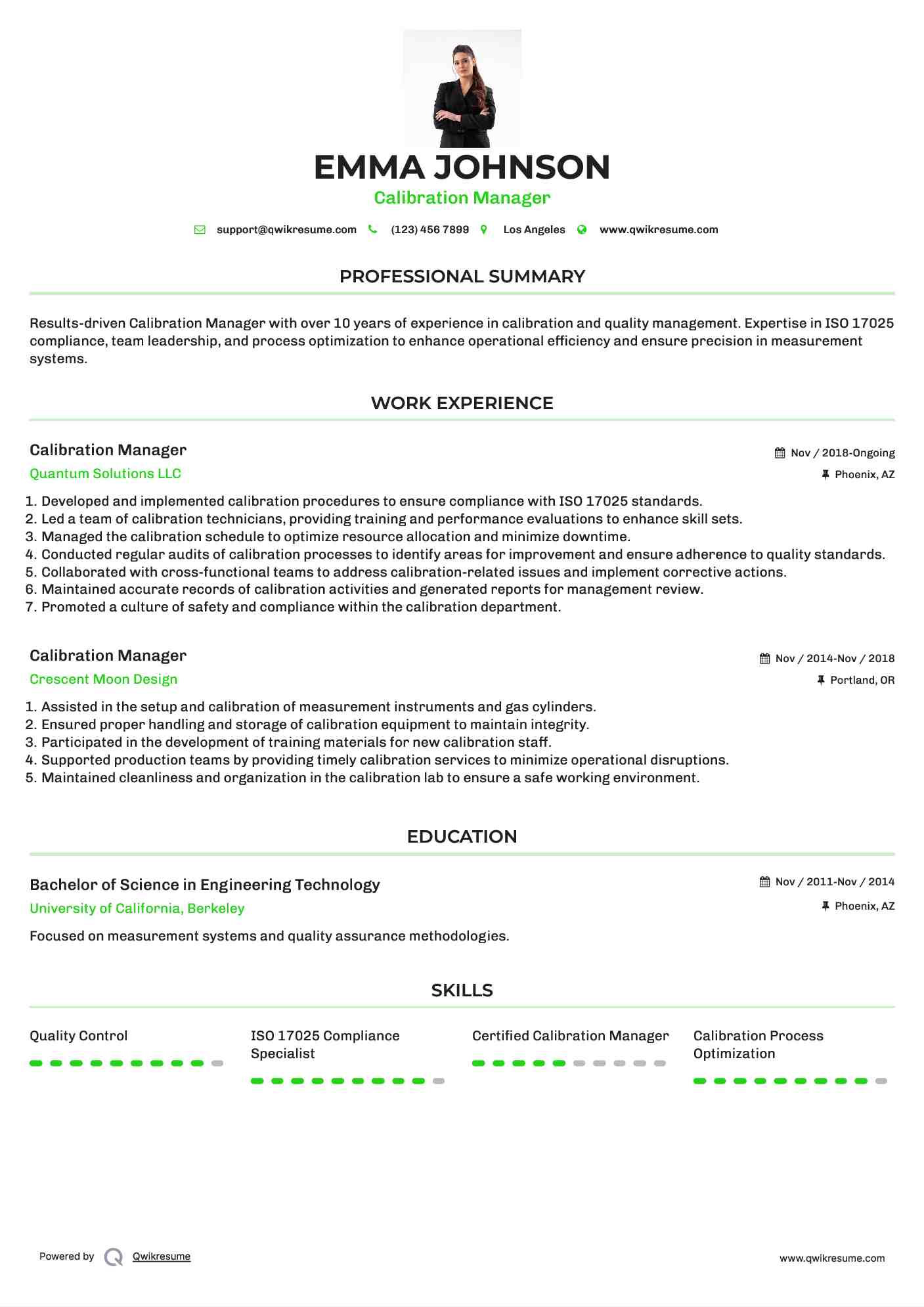 Calibration Manager Resume Samples QwikResume