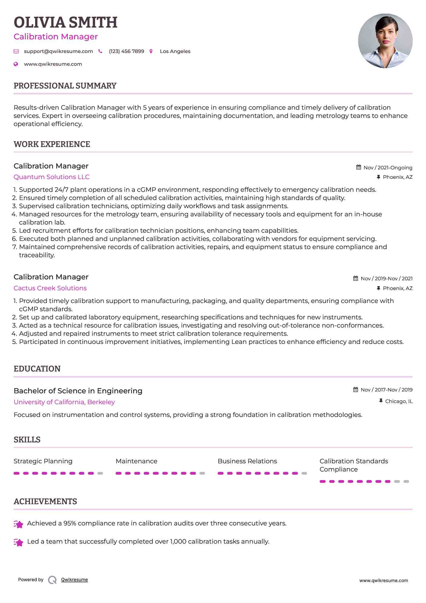 Calibration Manager Resume Samples QwikResume