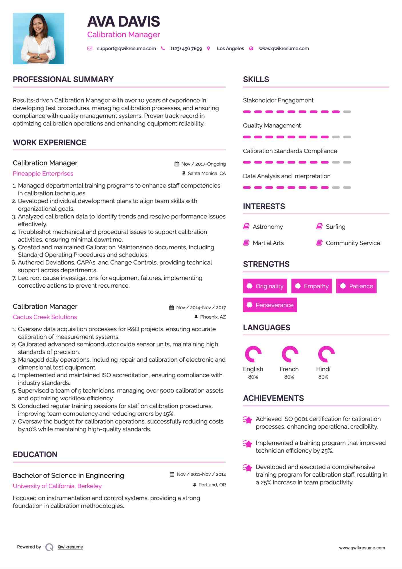 Calibration Manager Resume Samples QwikResume