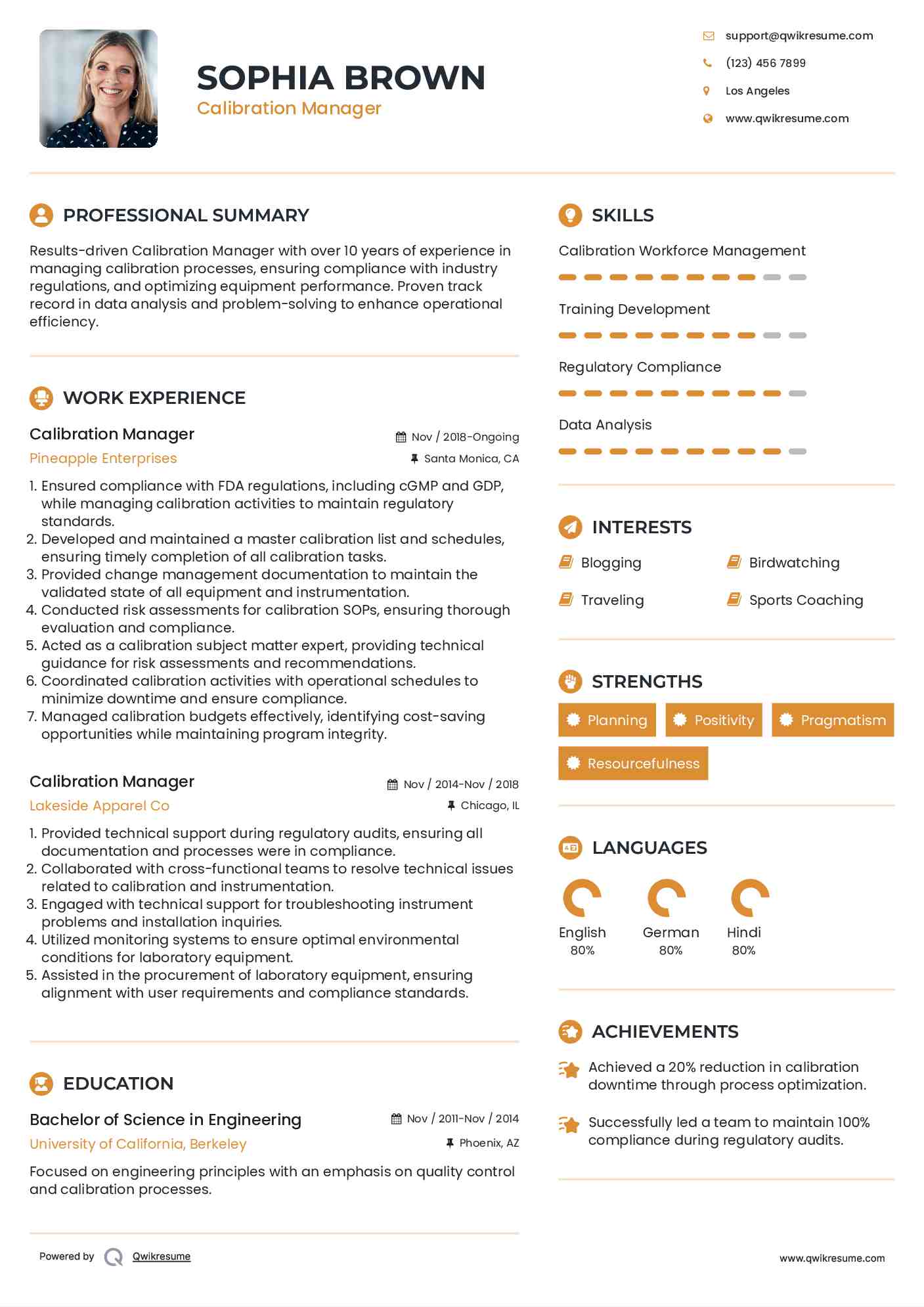 Calibration Manager Resume Format