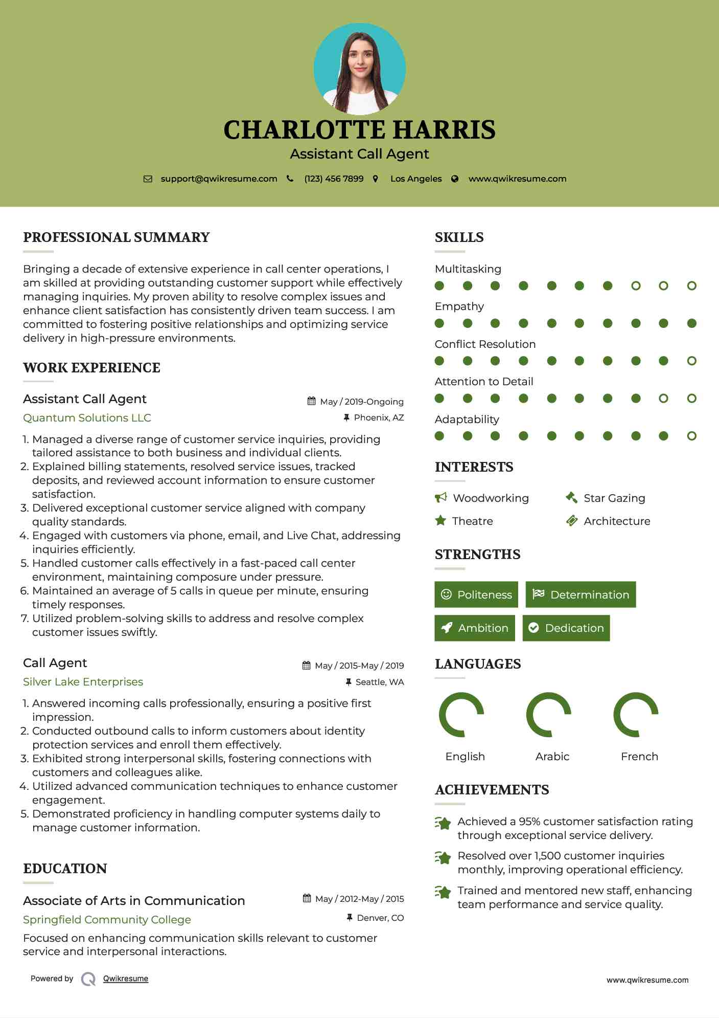 Assistant Call Agent Resume Format