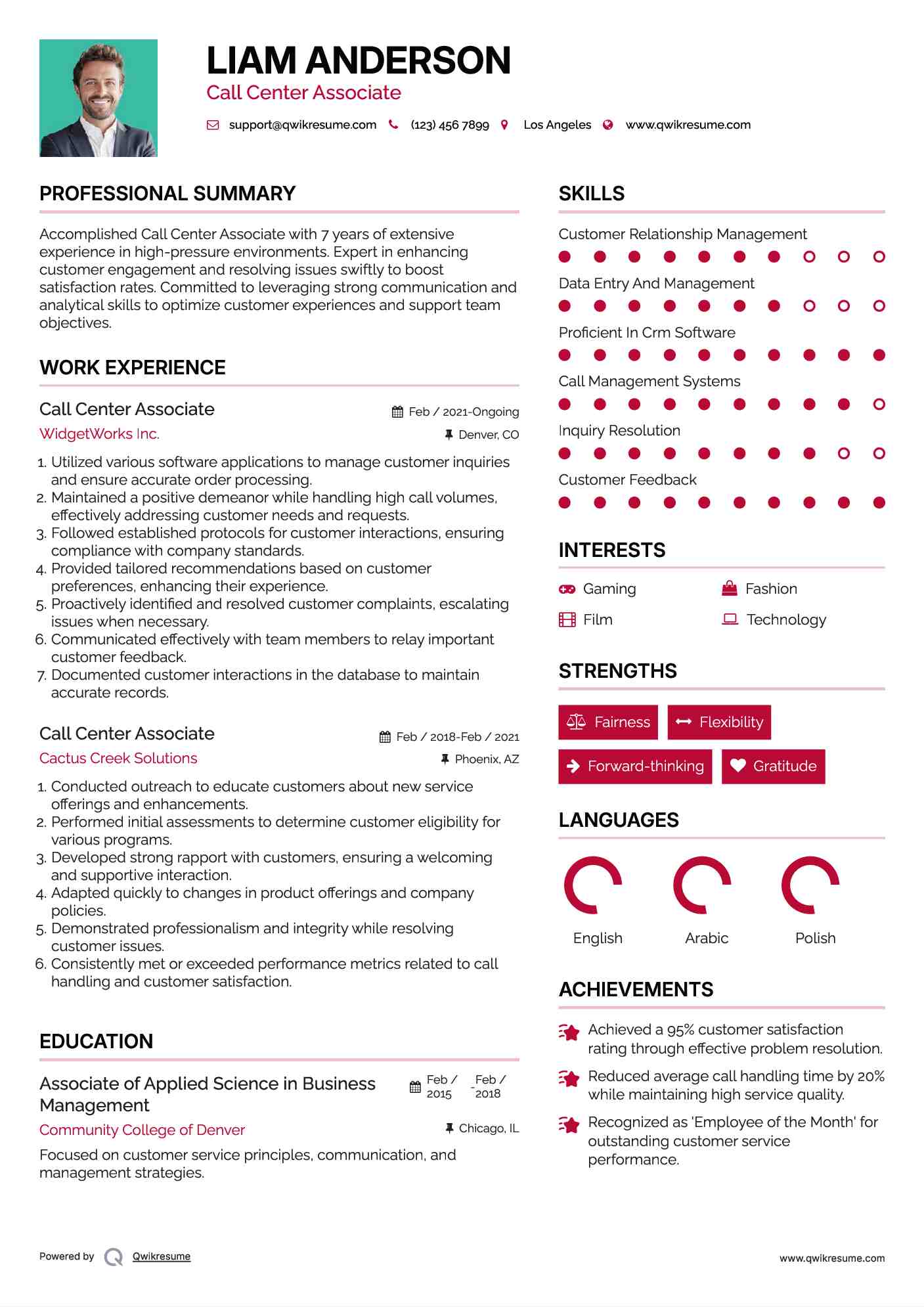 Call Center Associate Resume Sample