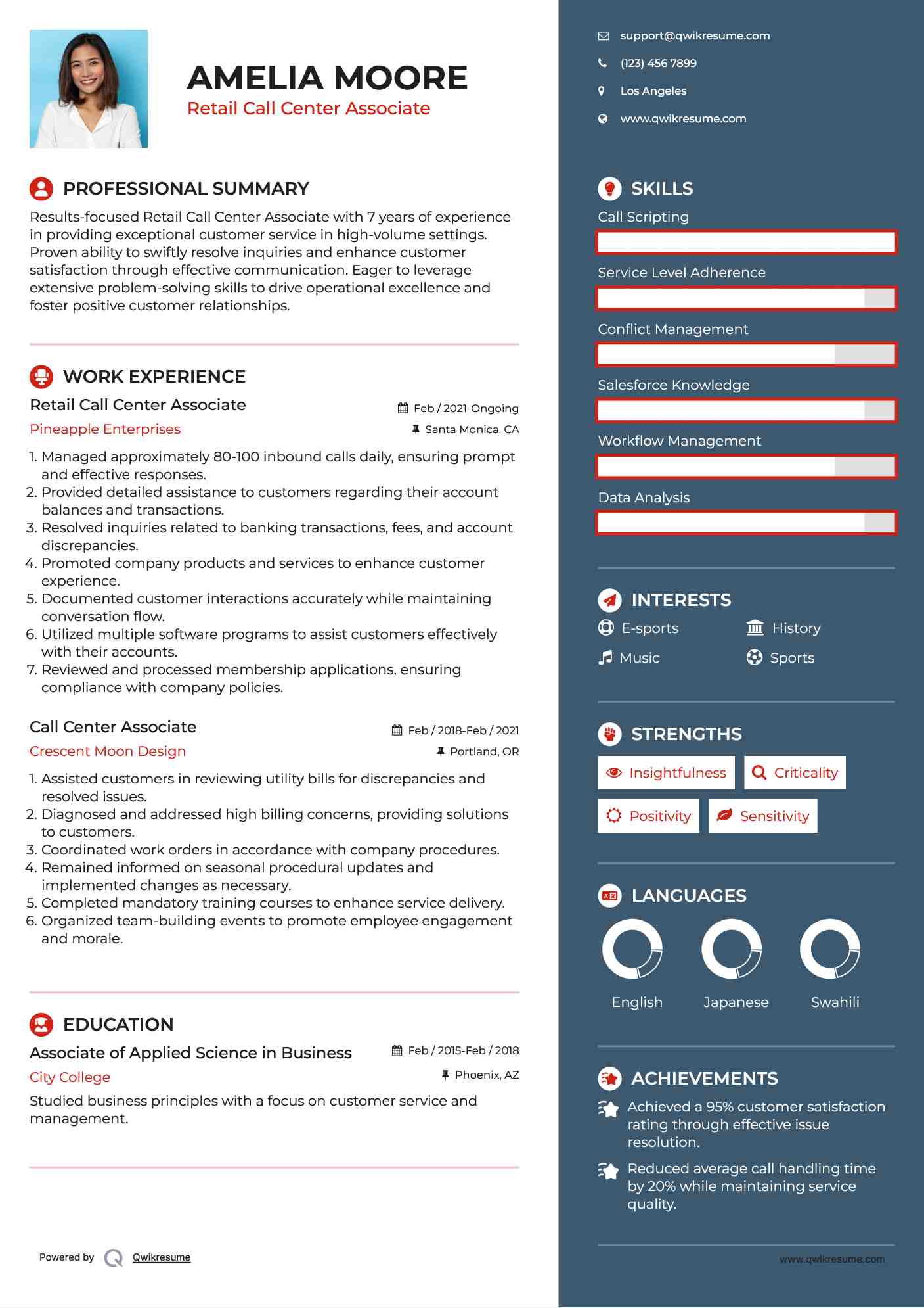 Retail Call Center Associate
 Resume Model