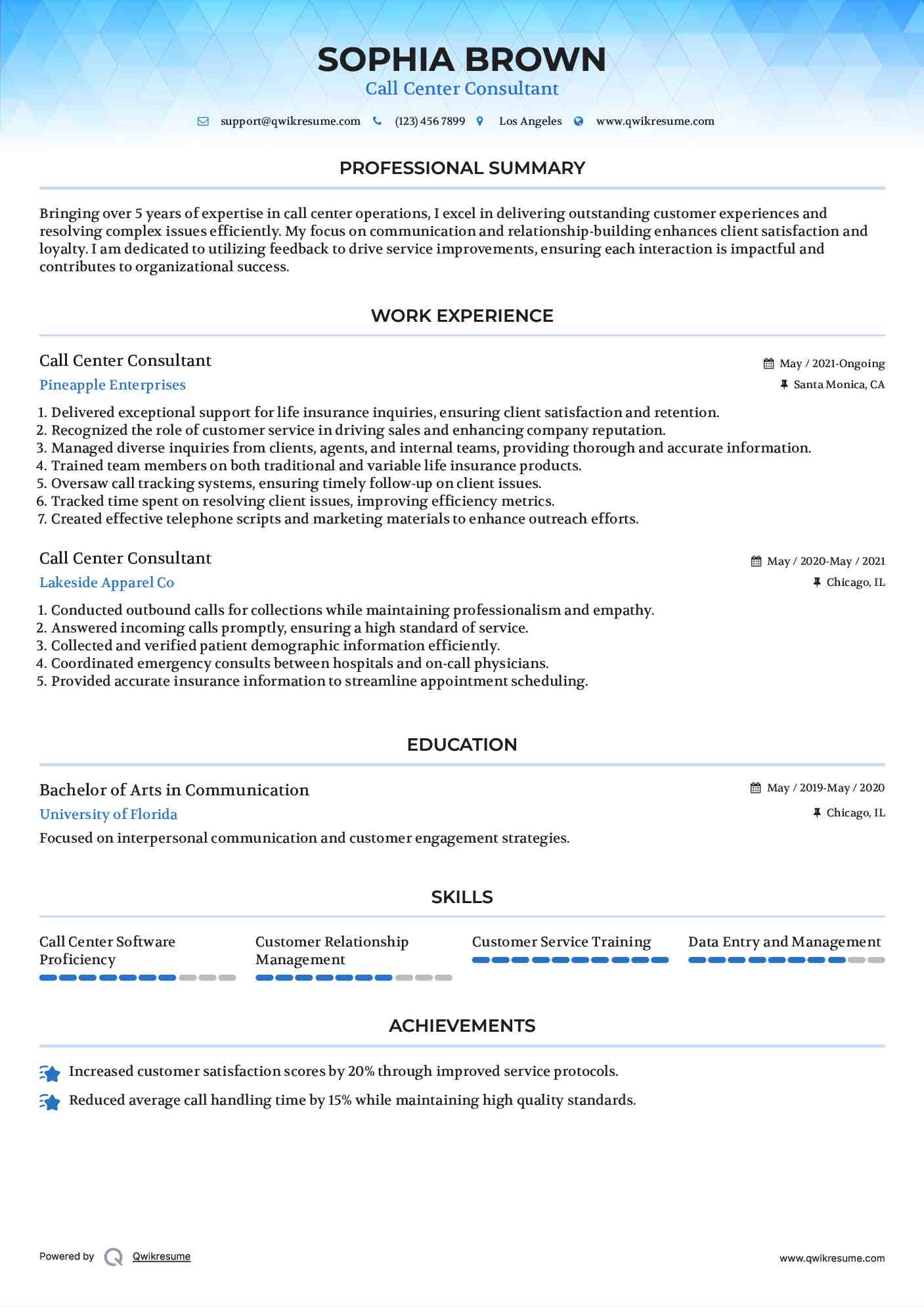 Call Center Consultant Resume Example