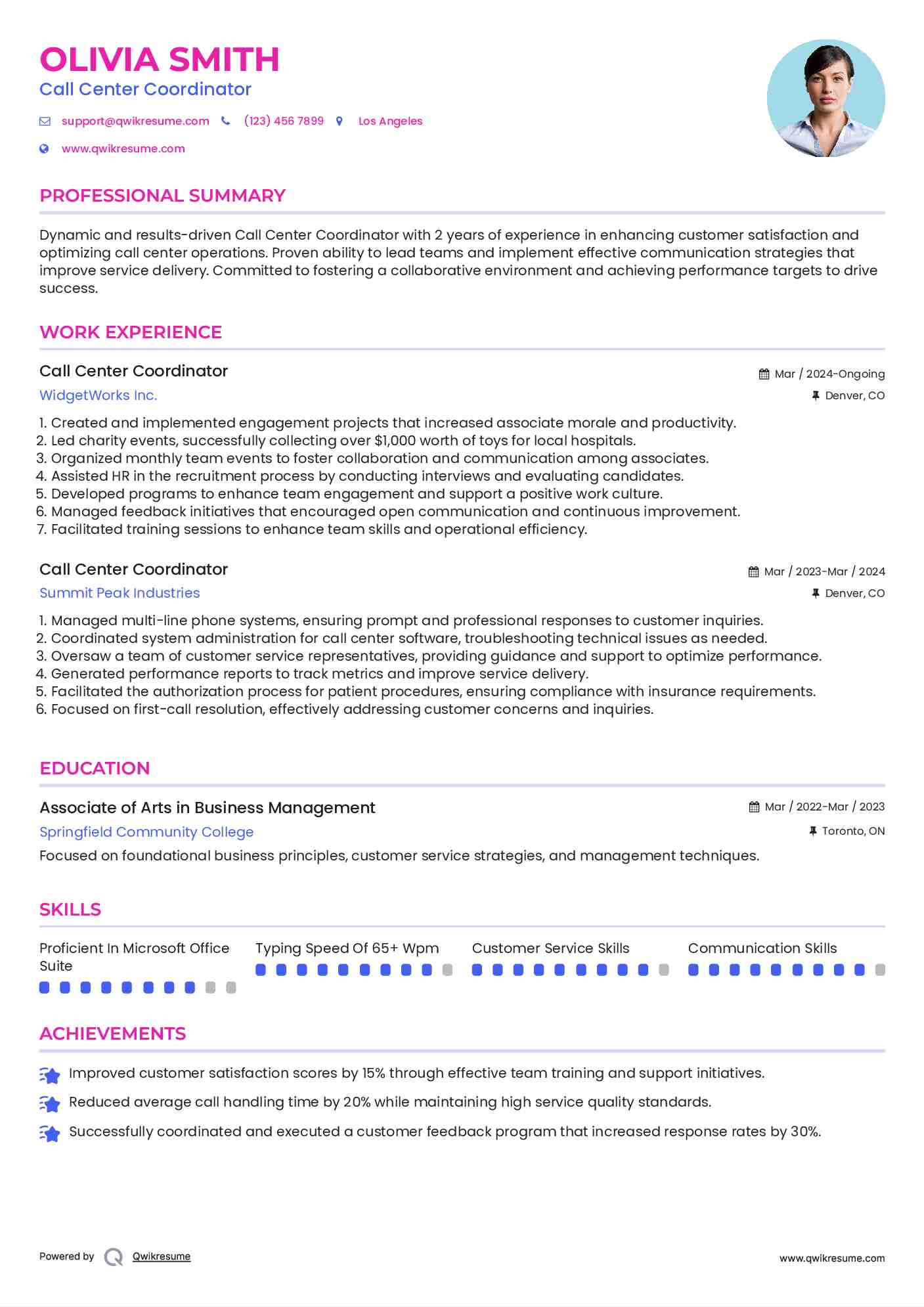 Call Center Coordinator Resume Sample