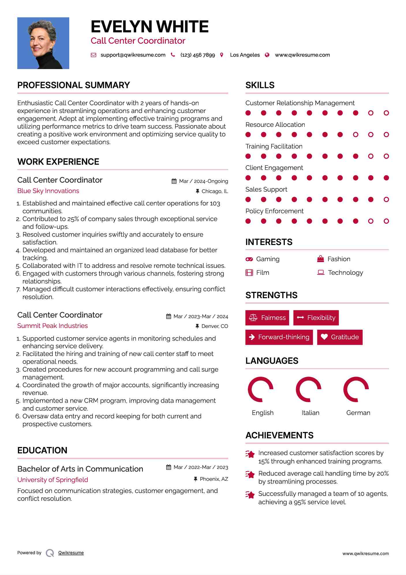 Call Center Coordinator Resume Example