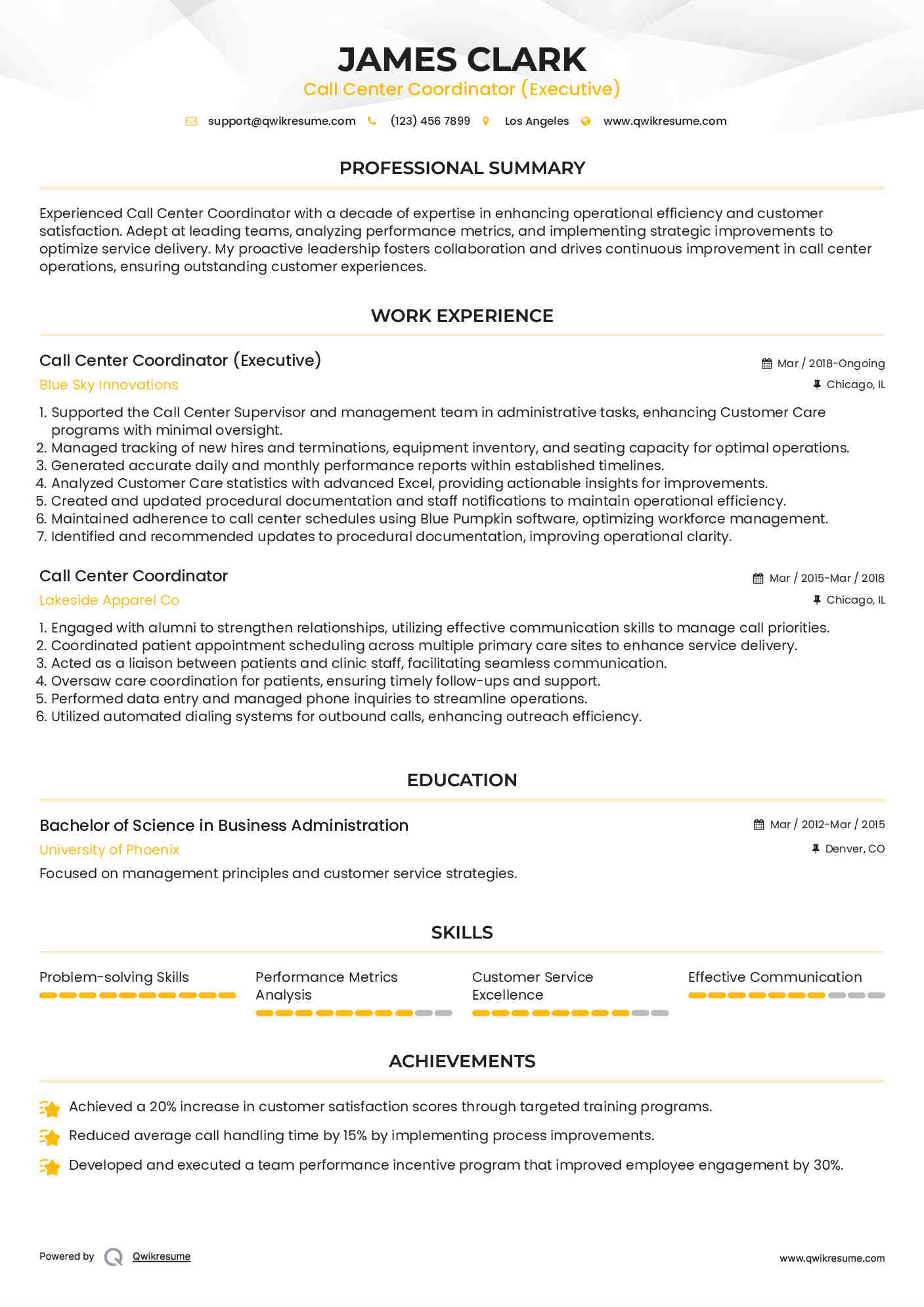 Call Center Coordinator (Executive) Resume Model