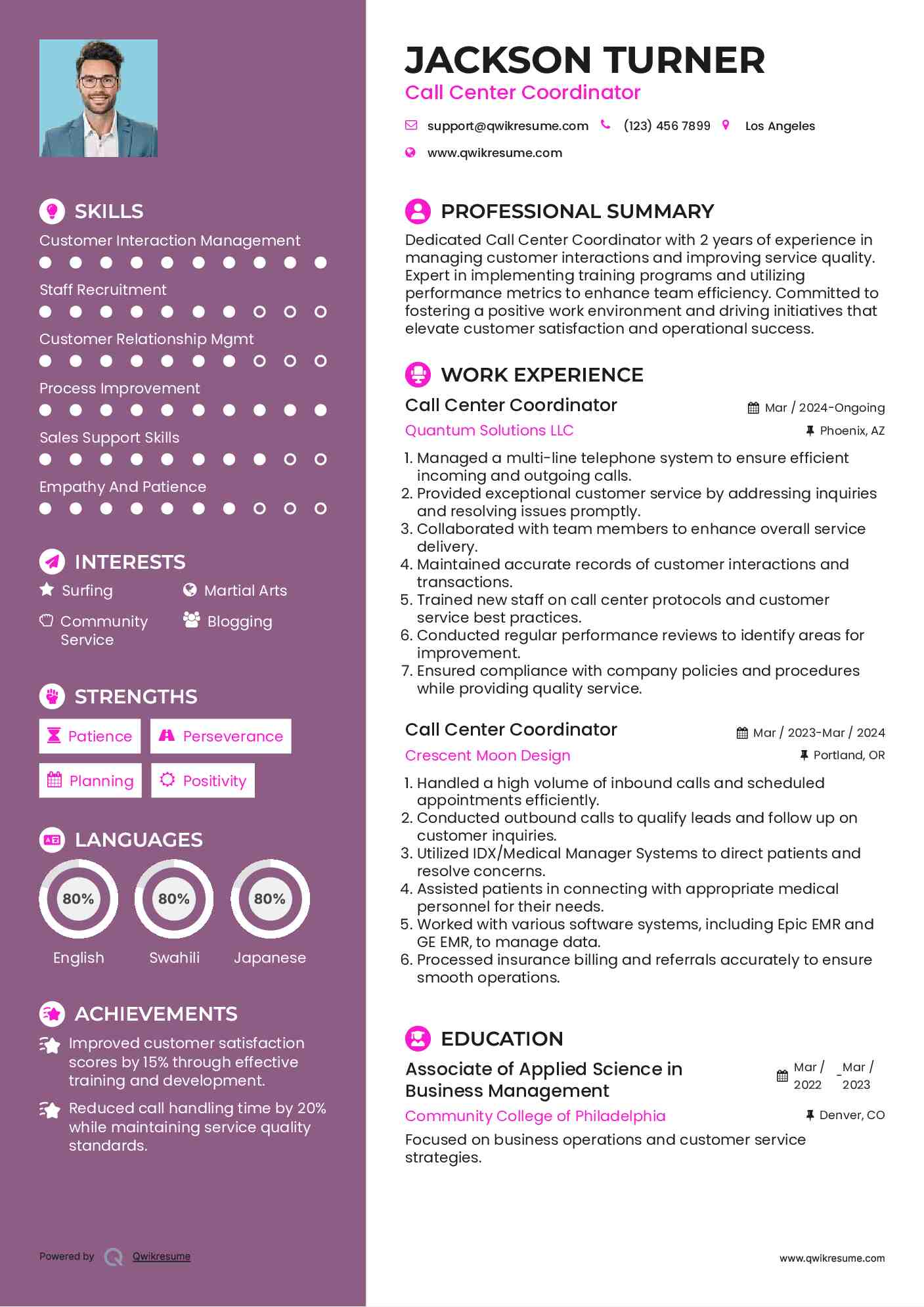 Call Center Coordinator Resume Format