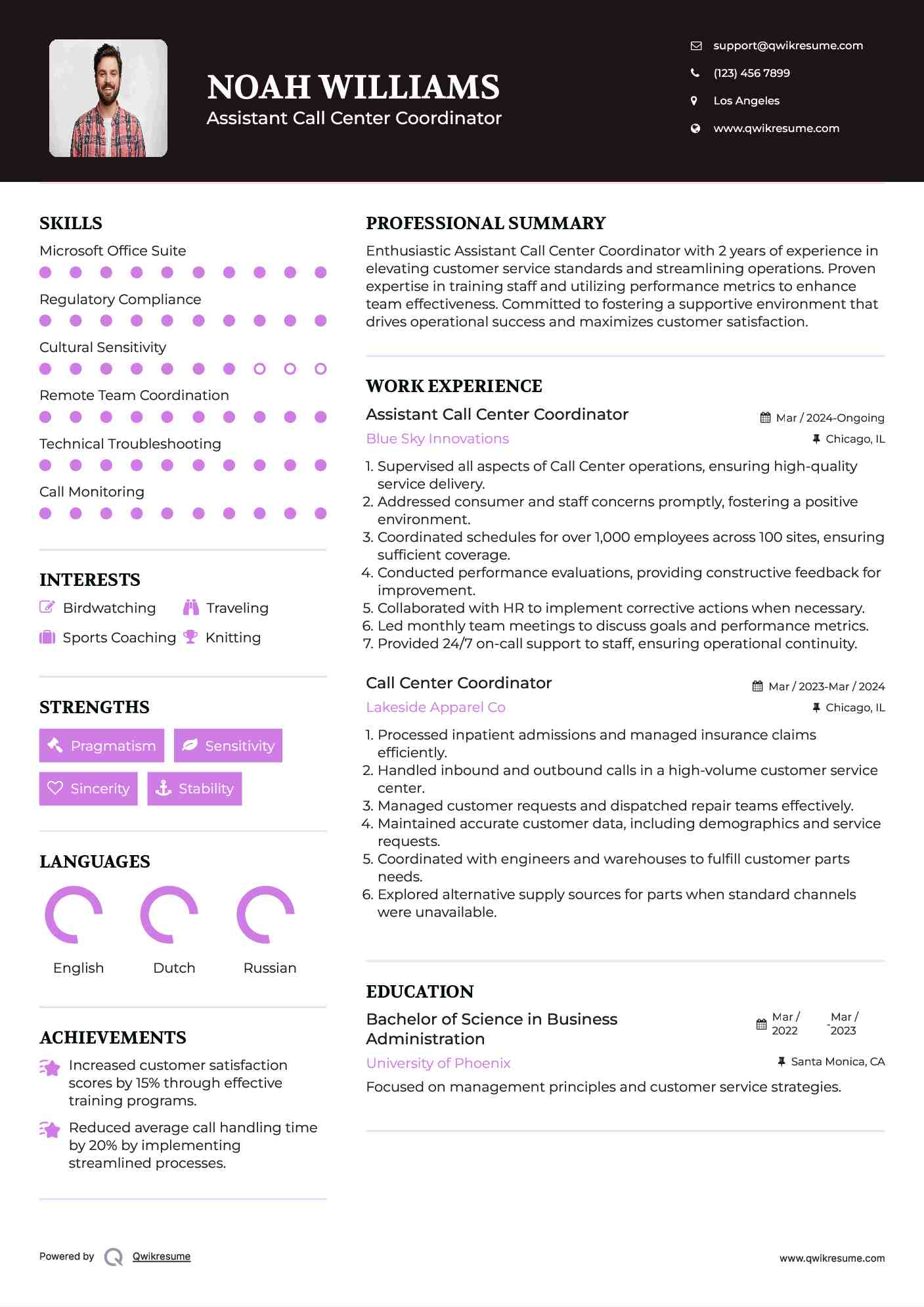 Assistant Call Center Coordinator Resume Template