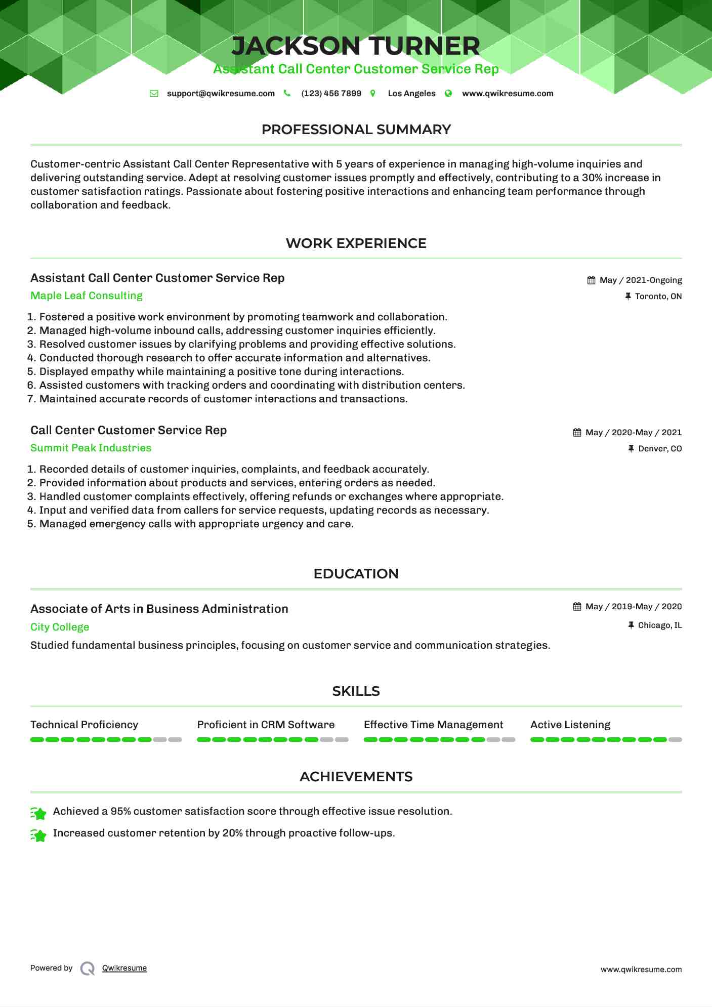 Assistant Call Center Customer Service Rep Resume Format
