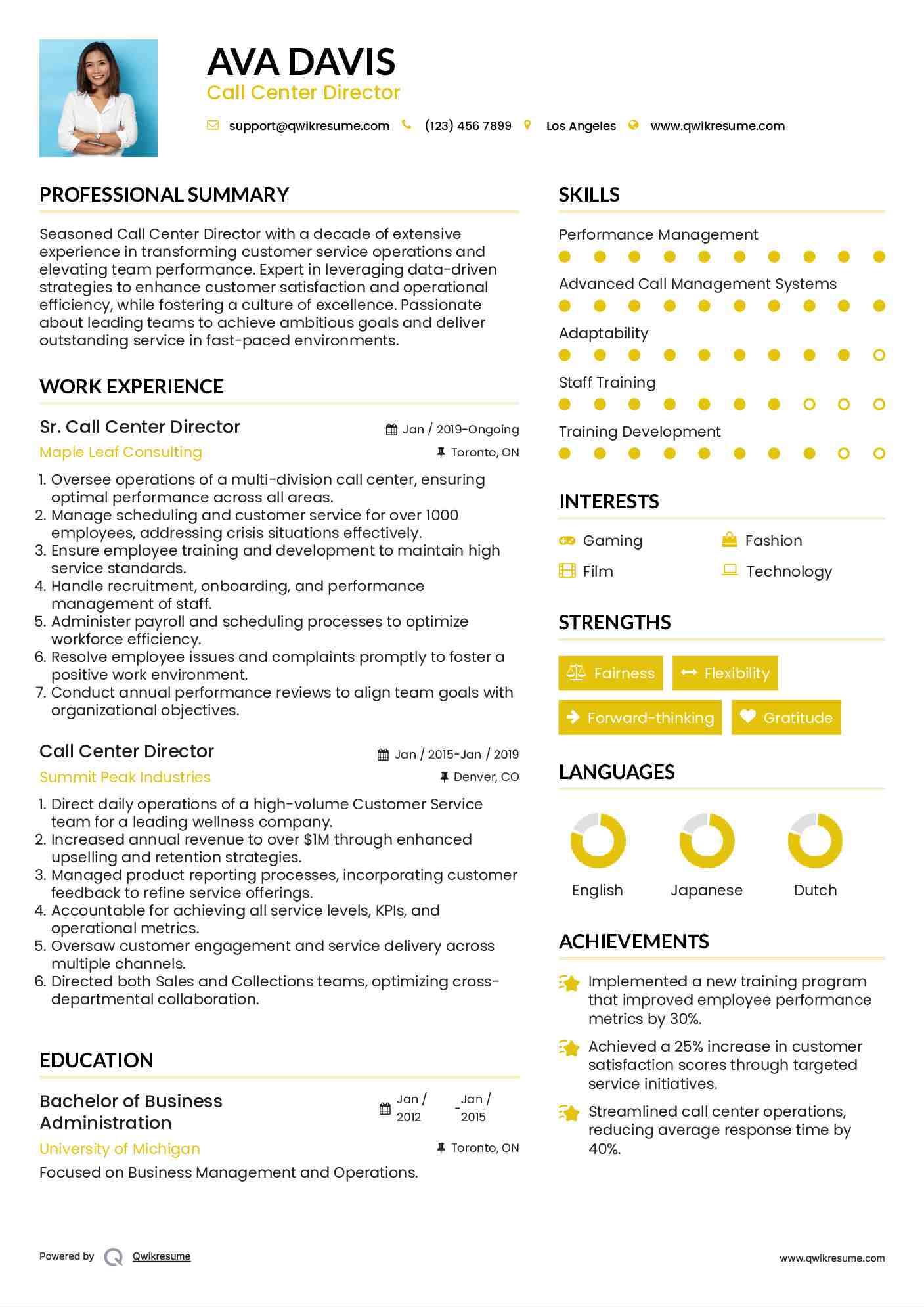 Sr. Call Center Director Resume Example