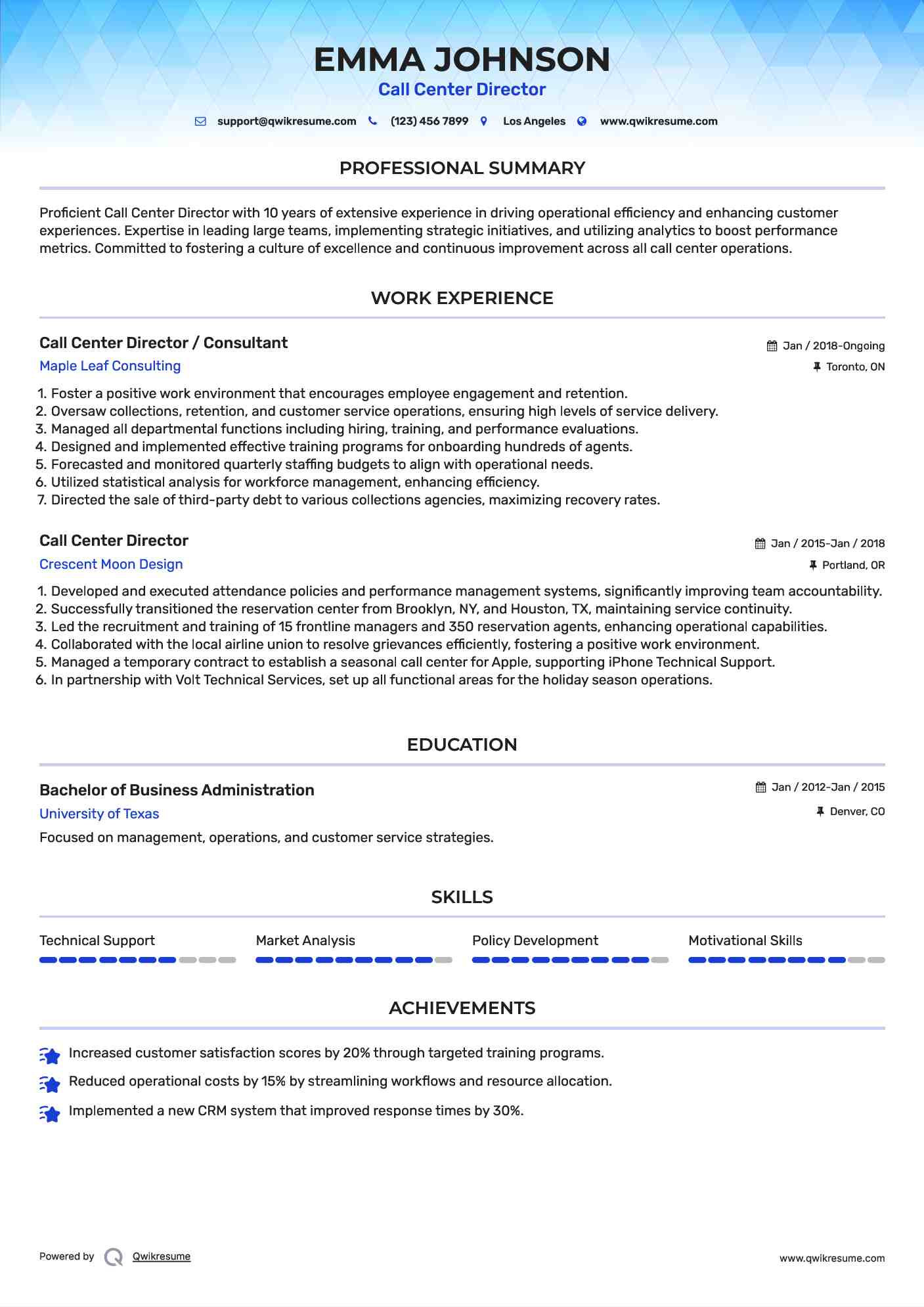 Call Center Director / Consultant Resume Format