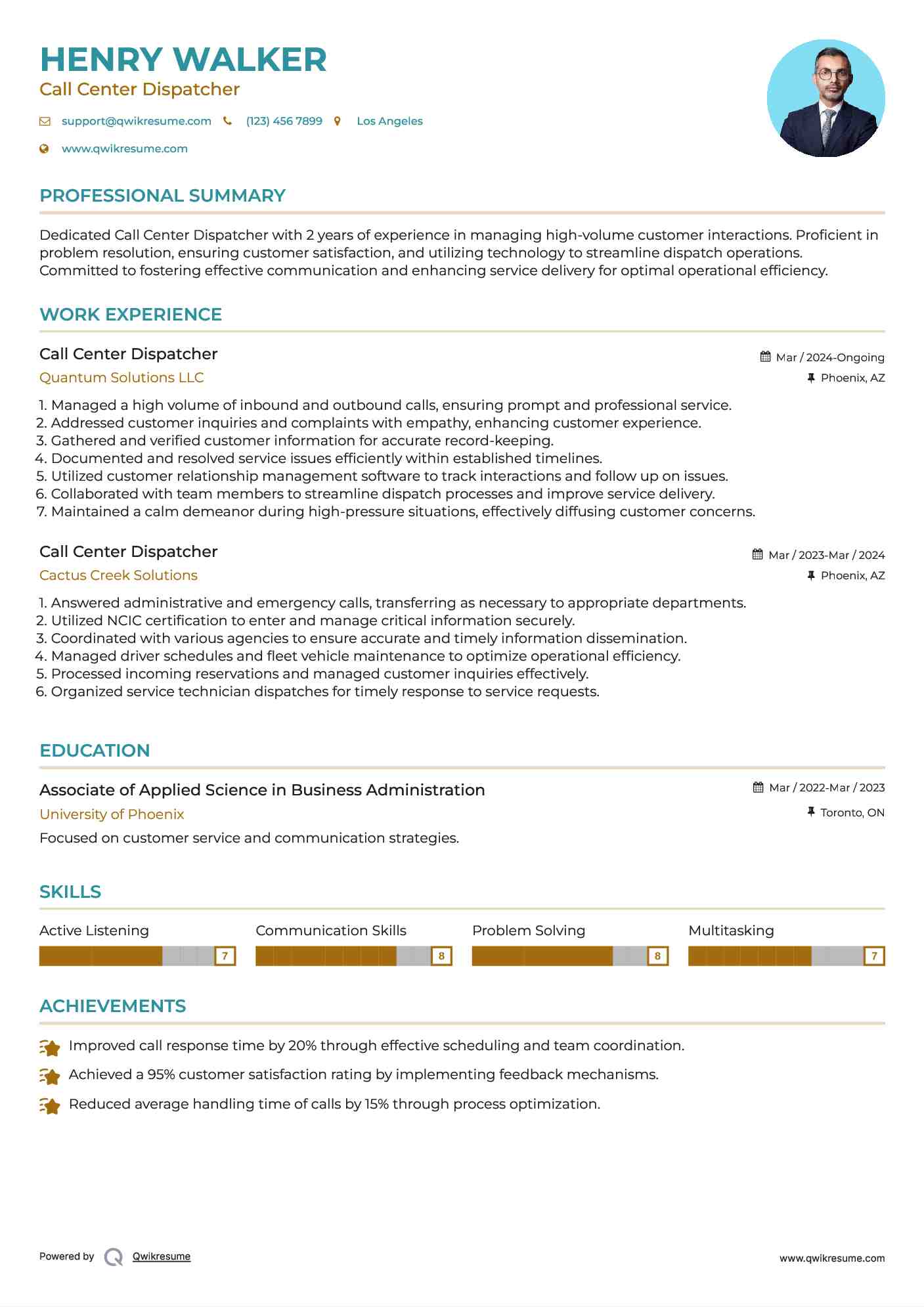 Call Center Dispatcher Resume Sample