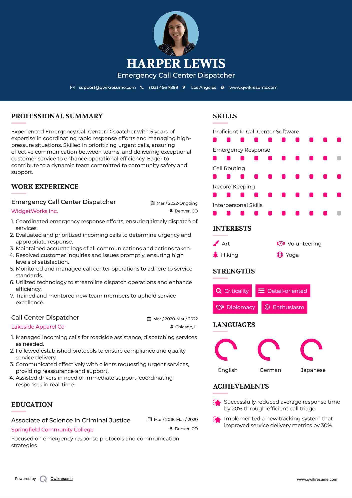 Emergency Call Center Dispatcher Resume Template
