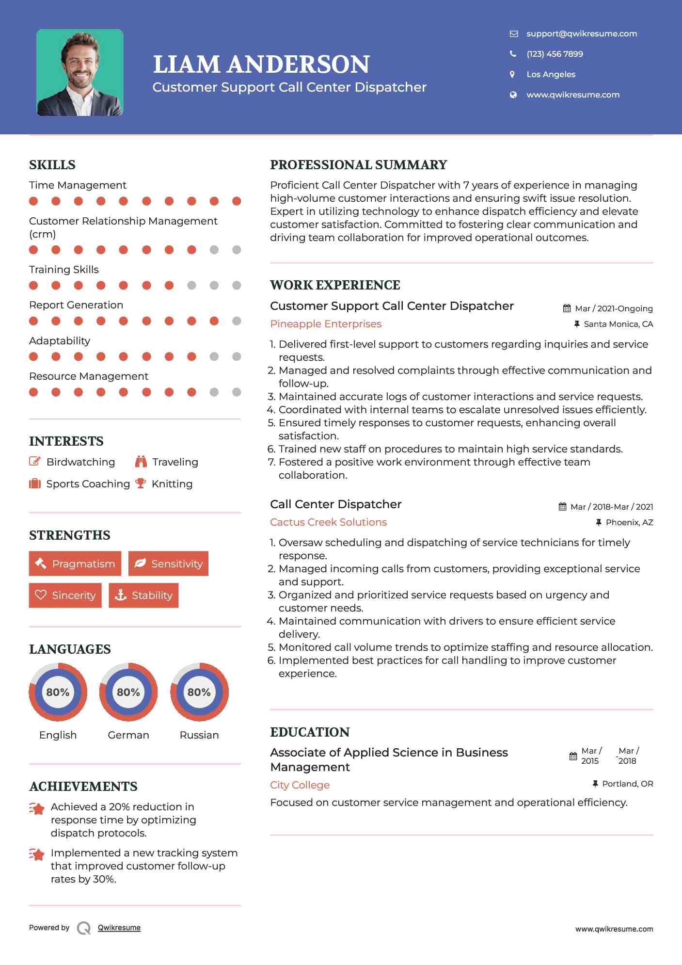 Customer Support Call Center Dispatcher Resume Template