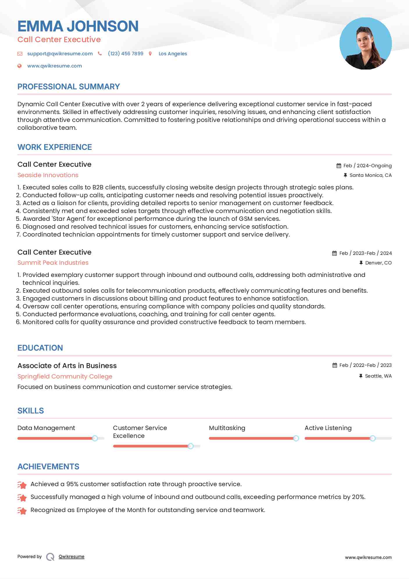 Call Center Executive Resume Example
