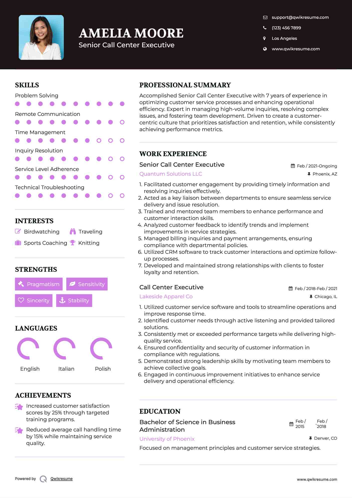 Senior Call Center Executive Resume Sample