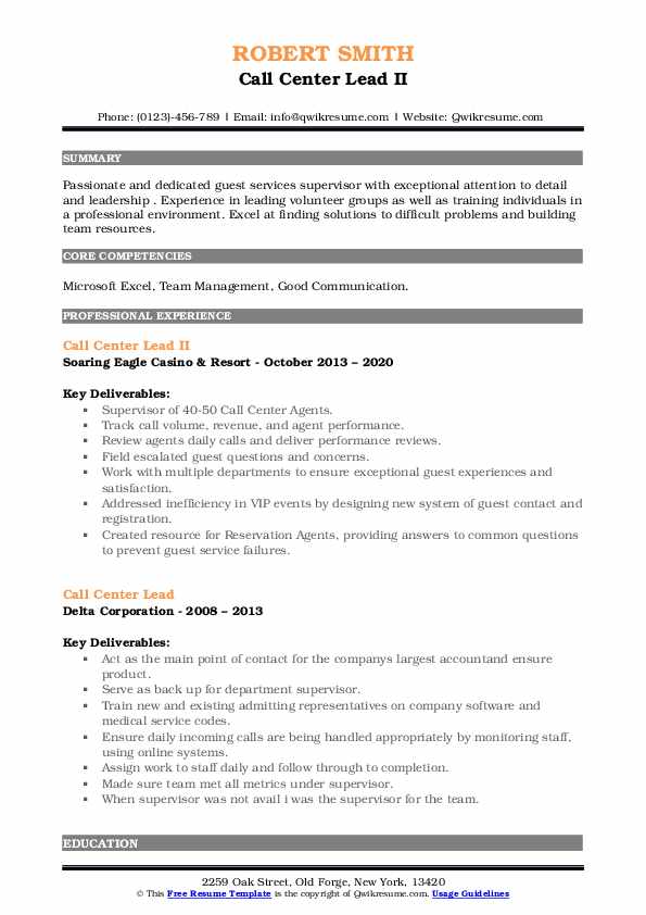 Call center lead resume samples qwikresume