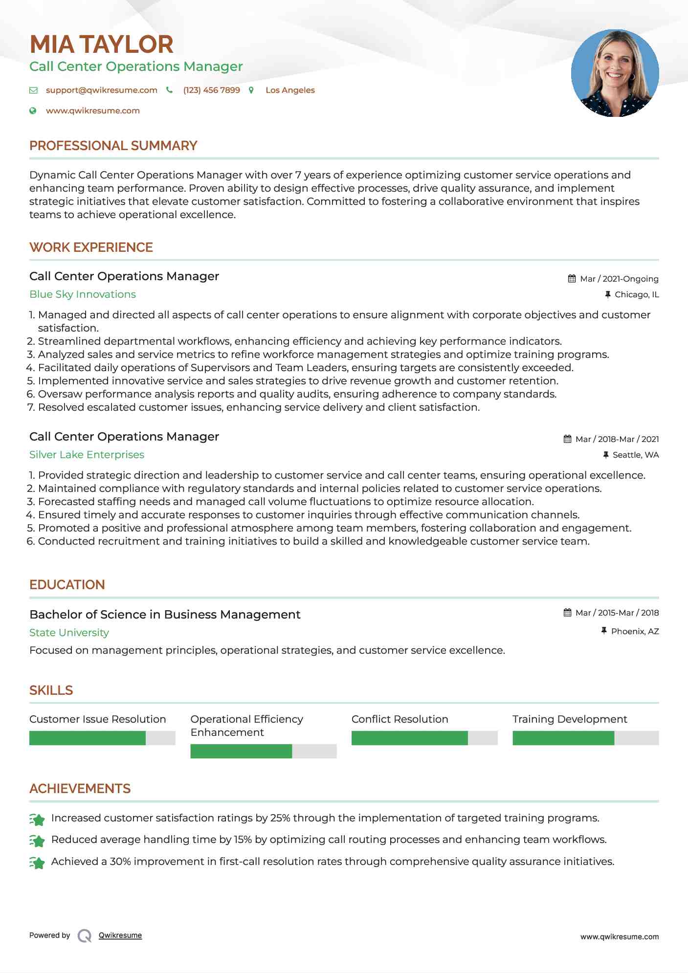 Call Center Operations Manager Resume Sample