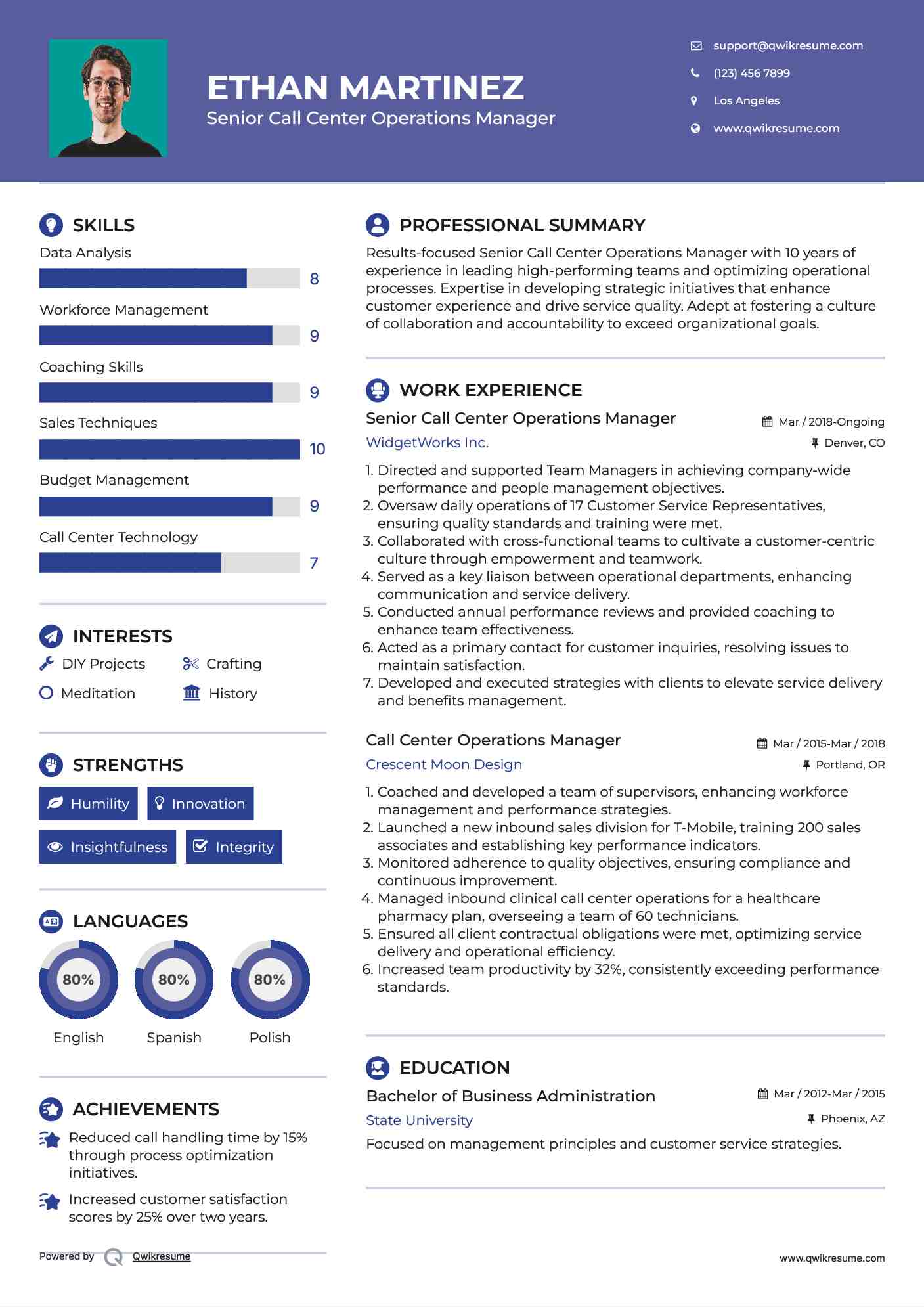Senior Call Center Operations Manager Resume Model