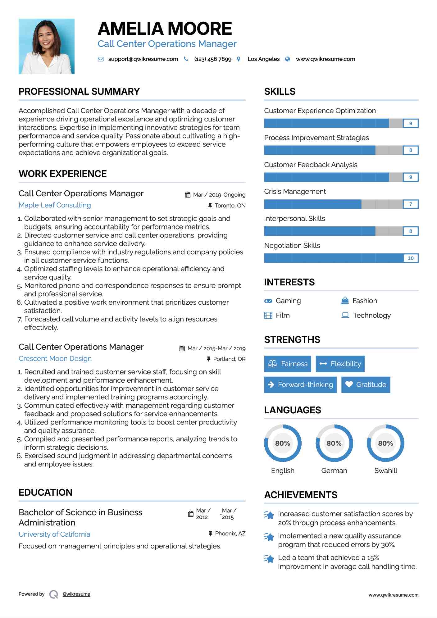 Call Center Operations Manager Resume Example