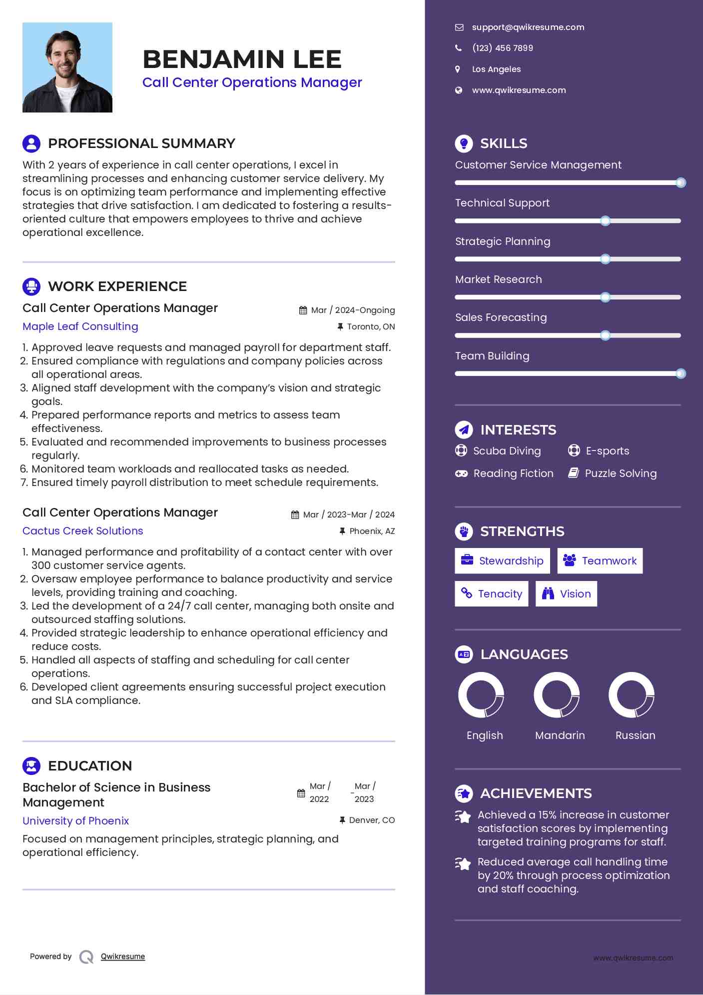Call Center Operations Manager Resume Format