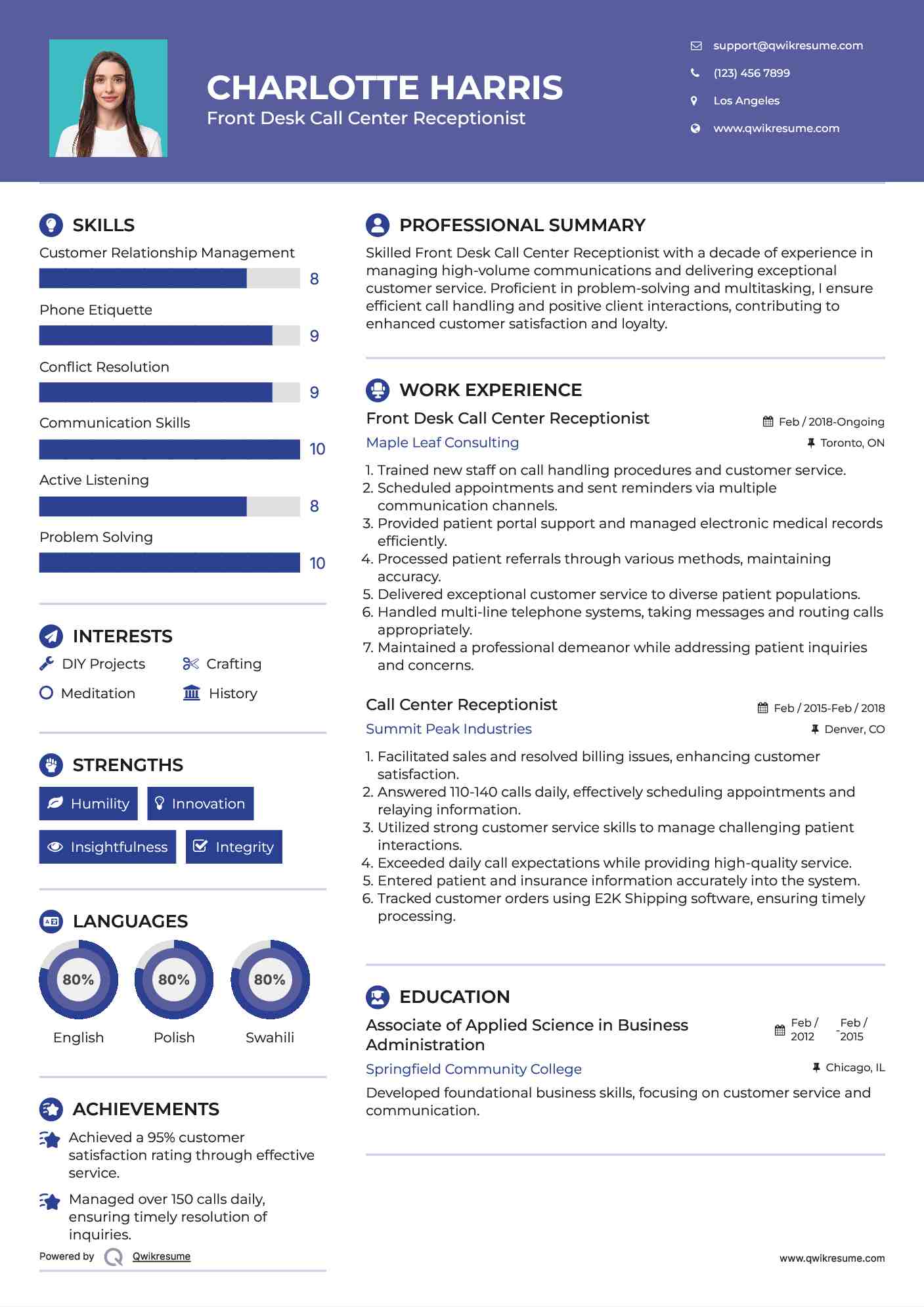 Front Desk Call Center Receptionist Resume Template