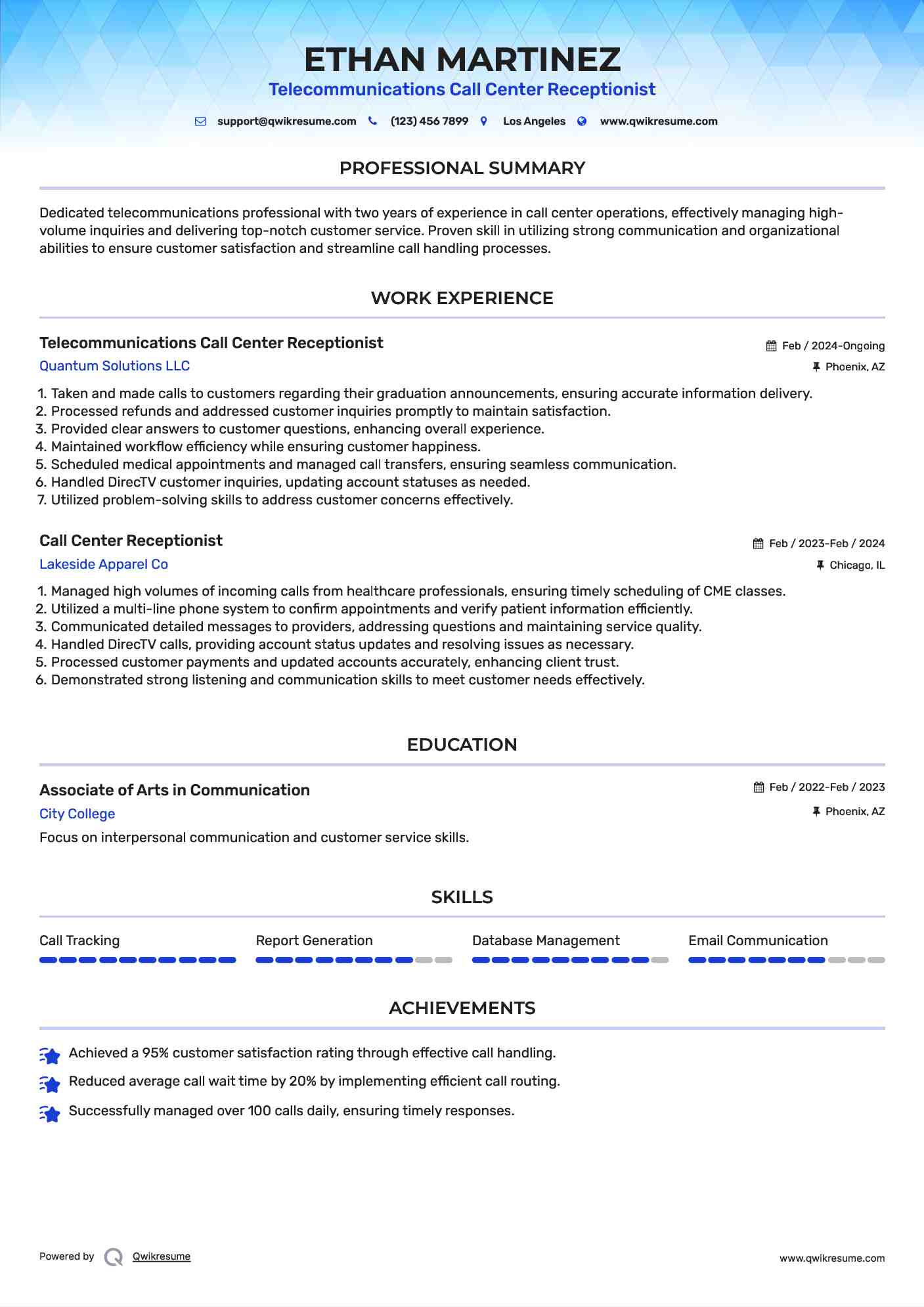 Telecommunications Call Center Receptionist Resume Model