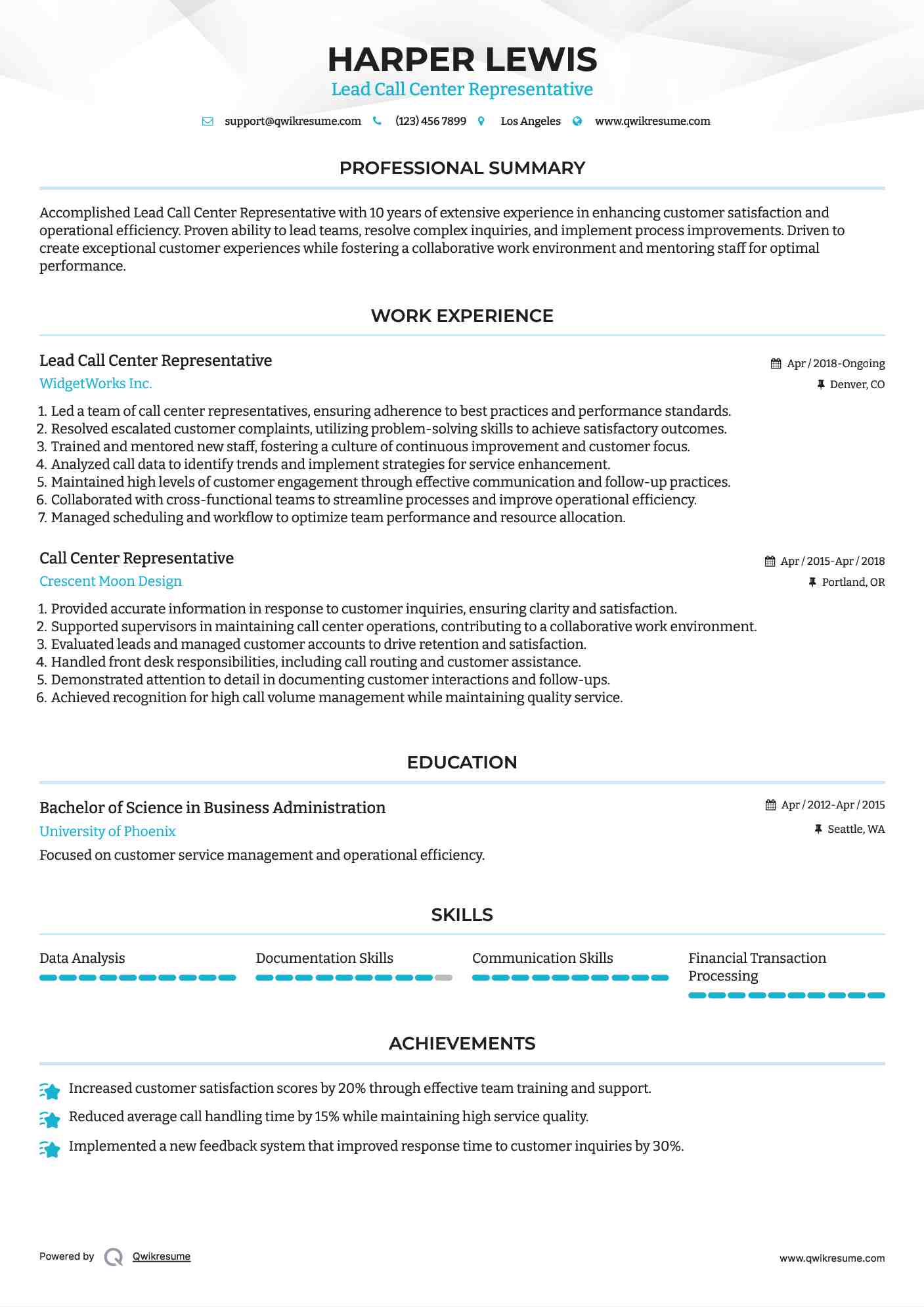 Lead Call Center Representative Resume Format