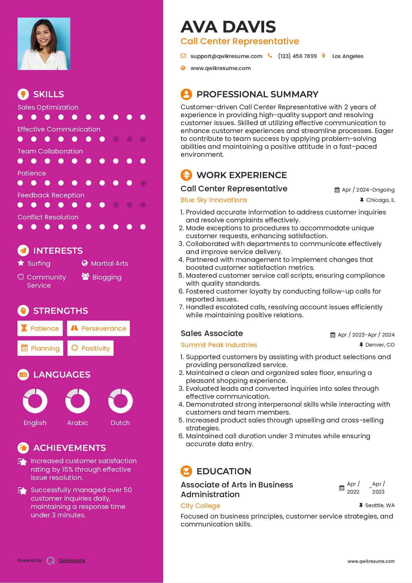 Call Center Representative Resume Example