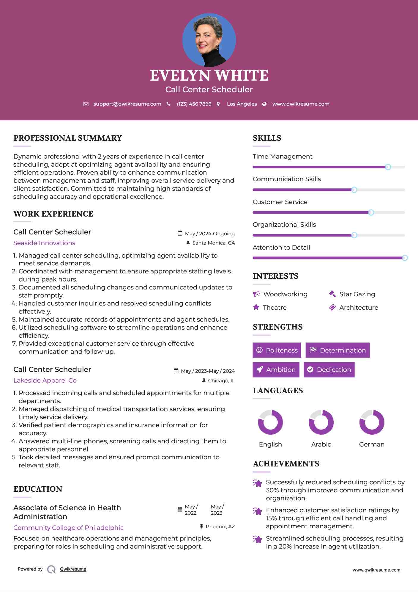 Call Center Scheduler Resume Sample