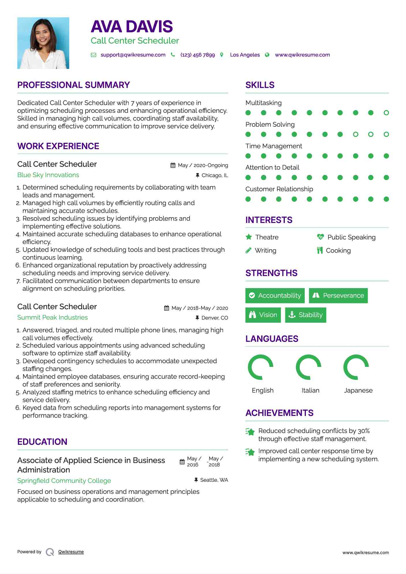 Call Center Scheduler Resume Template