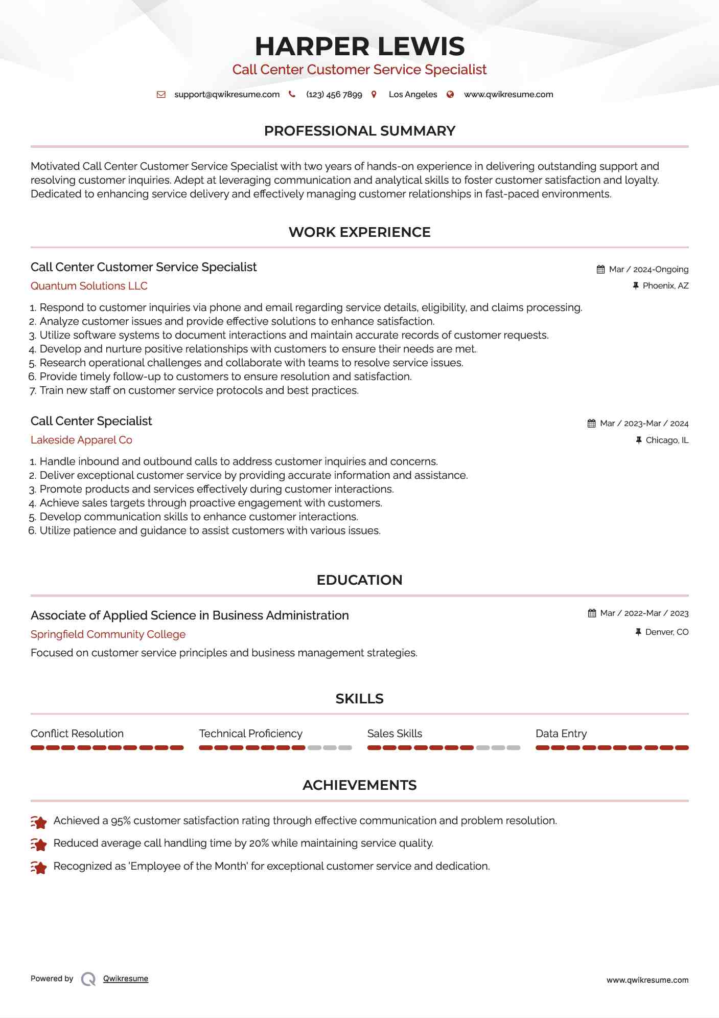 Call Center Customer Service Specialist Resume Template