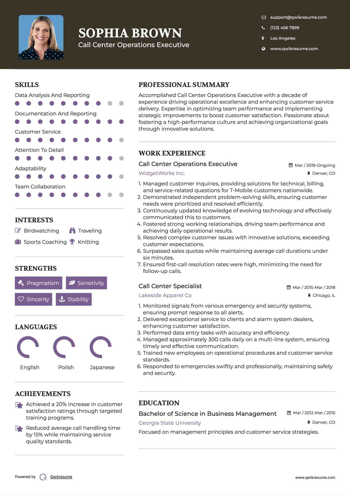 Call Center Operations Executive Resume Template