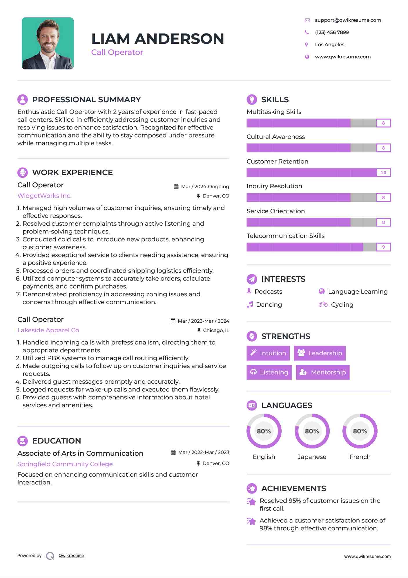 Call Operator Resume Model