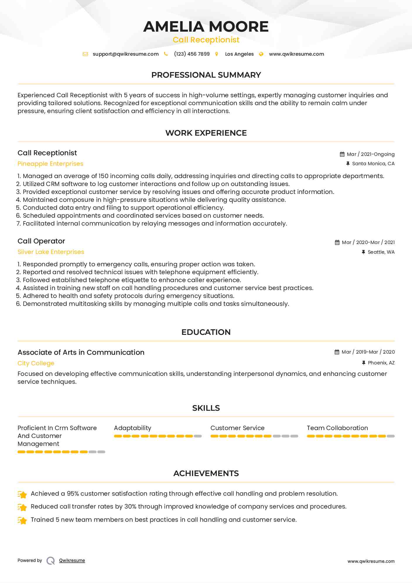 Call Receptionist Resume Sample