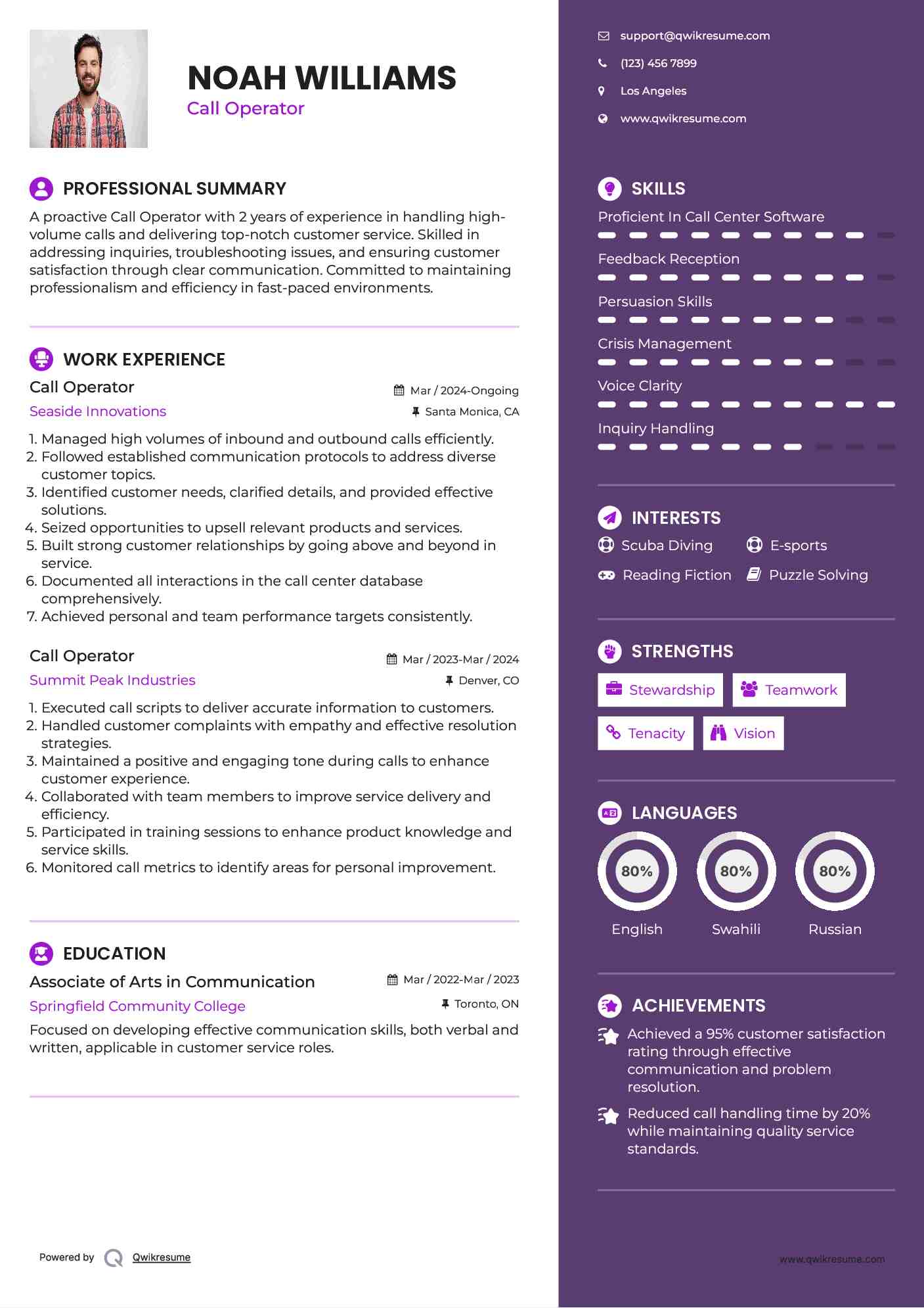Call Operator Resume Template