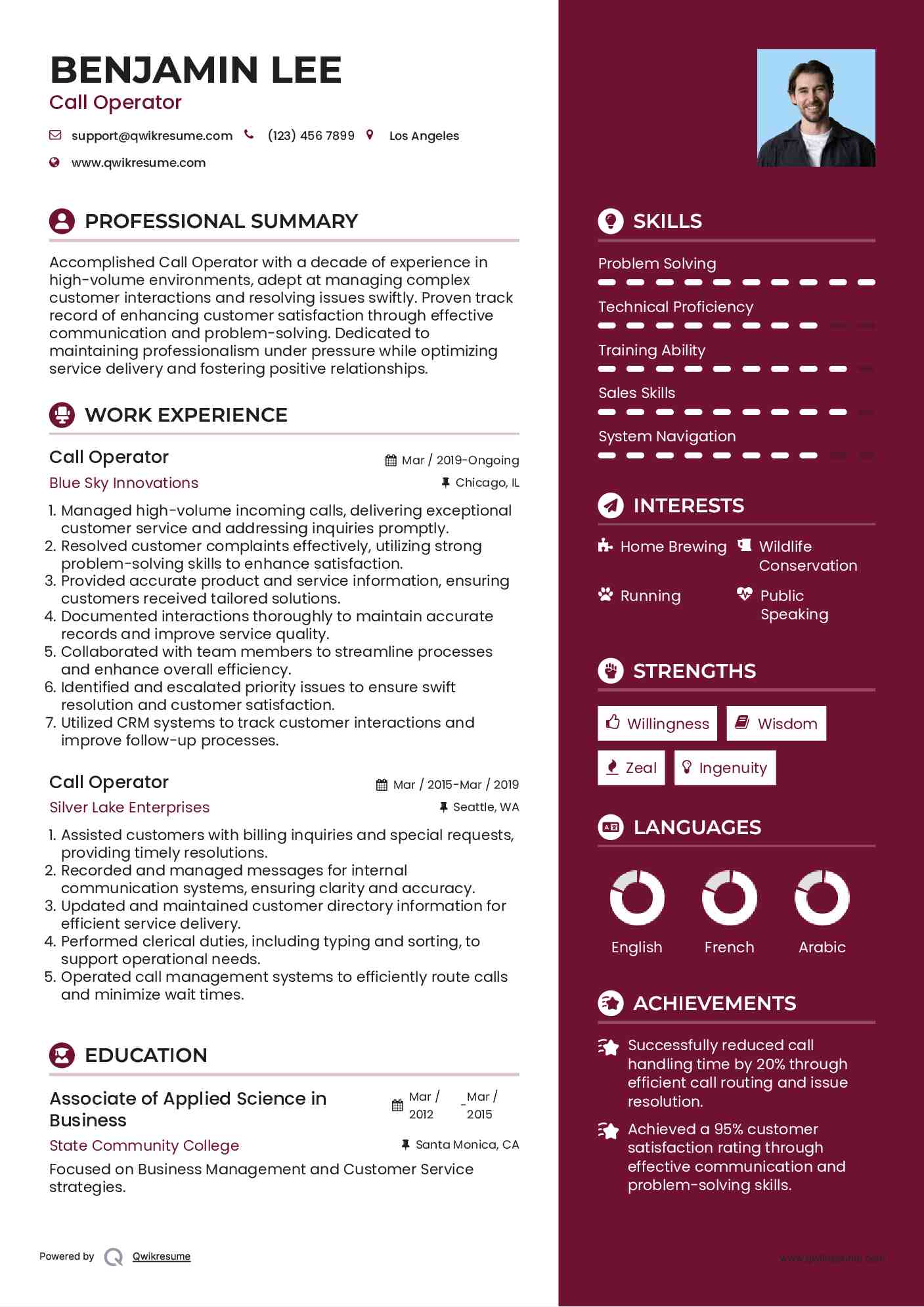 Call Operator Resume Samples QwikResume