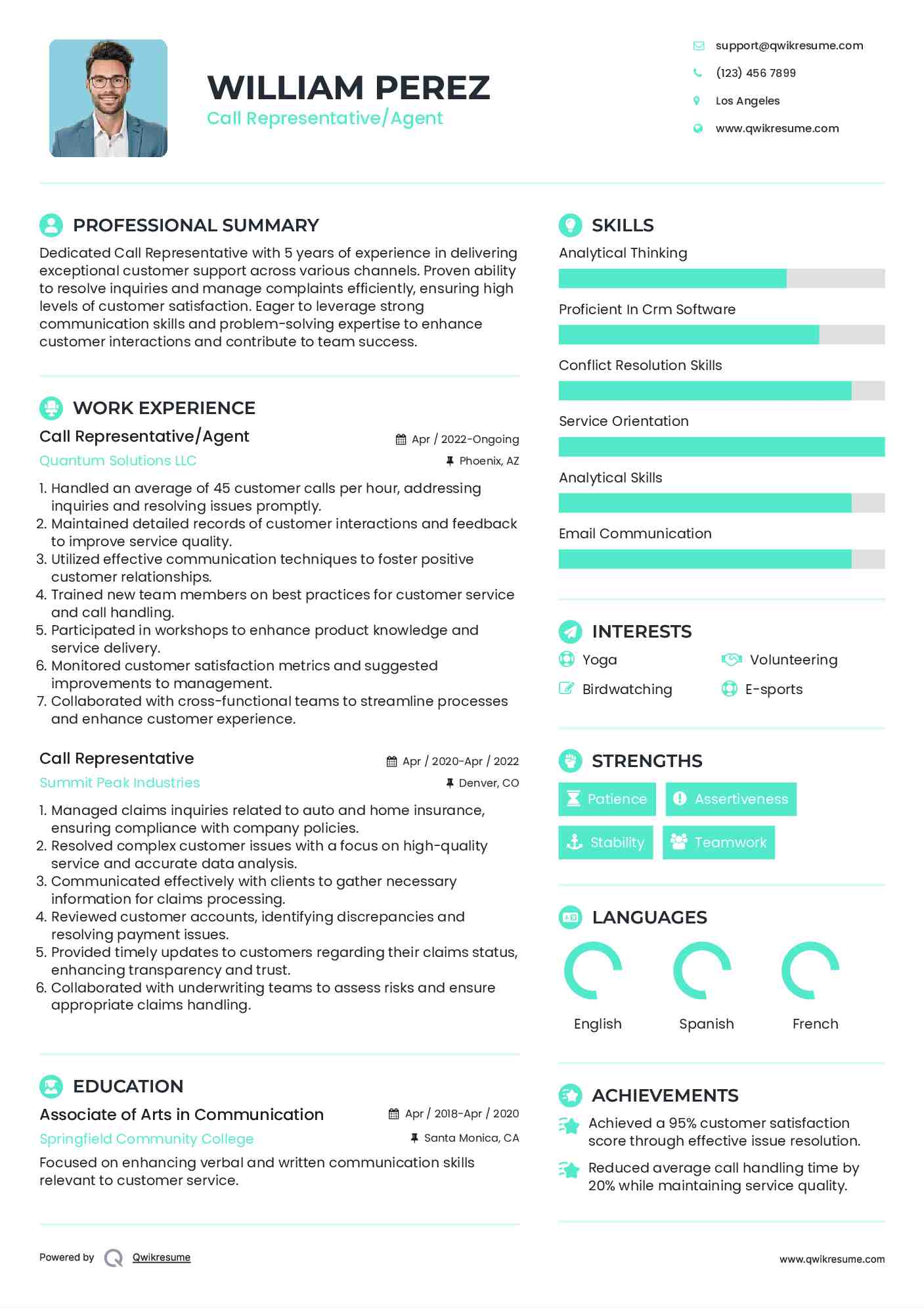 Call Representative/Agent Resume Example