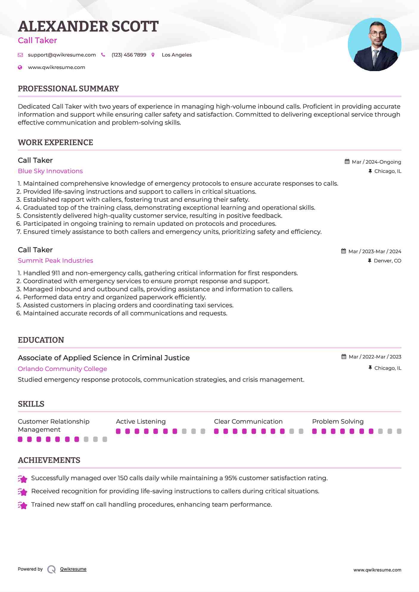 Call Taker Resume Example