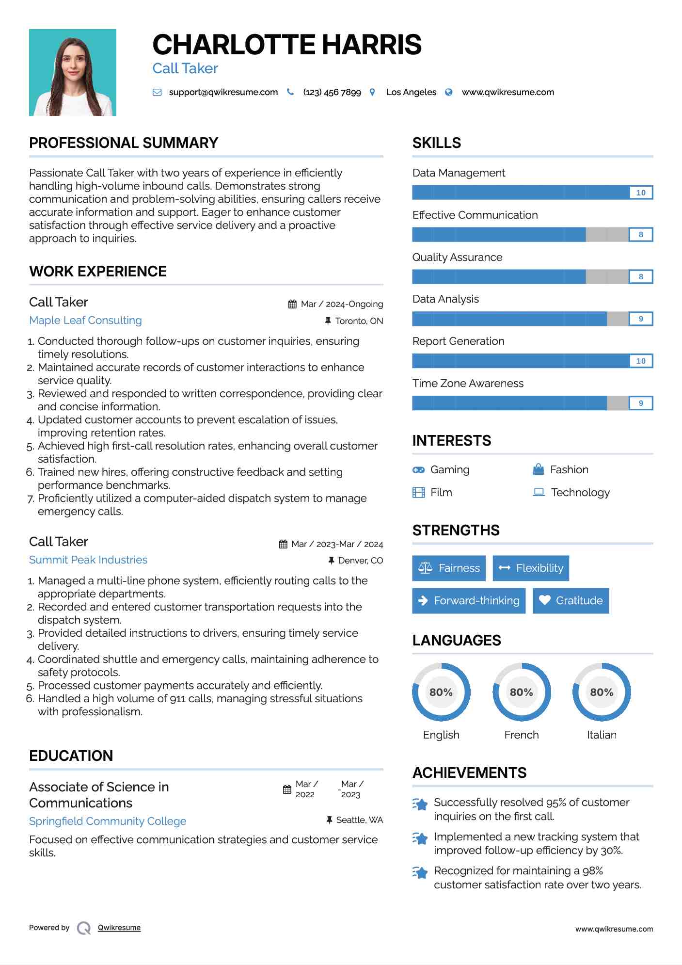 Call Taker Resume Format
