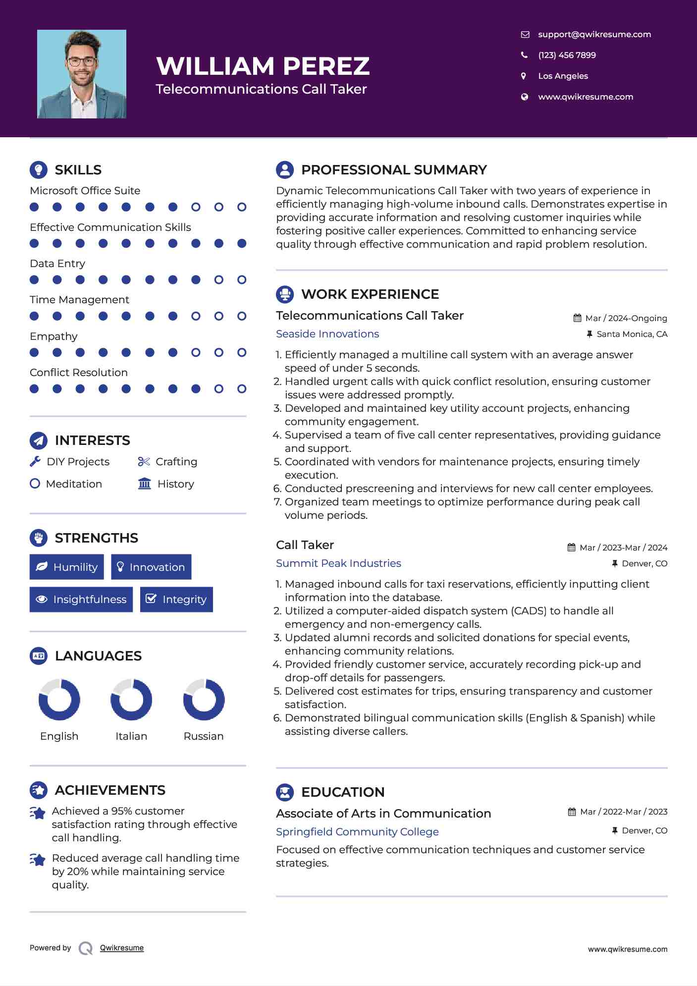 Telecommunications Call Taker Resume Template