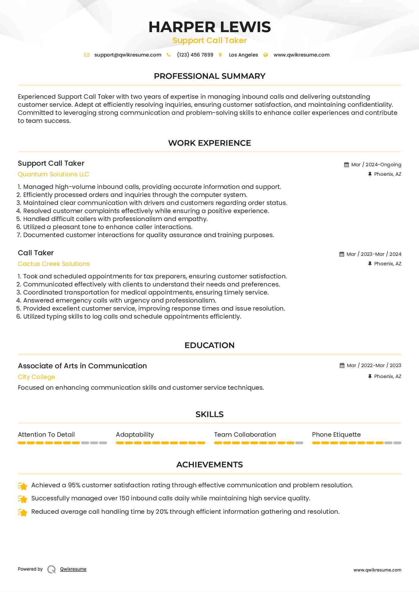 Support Call Taker Resume Template
