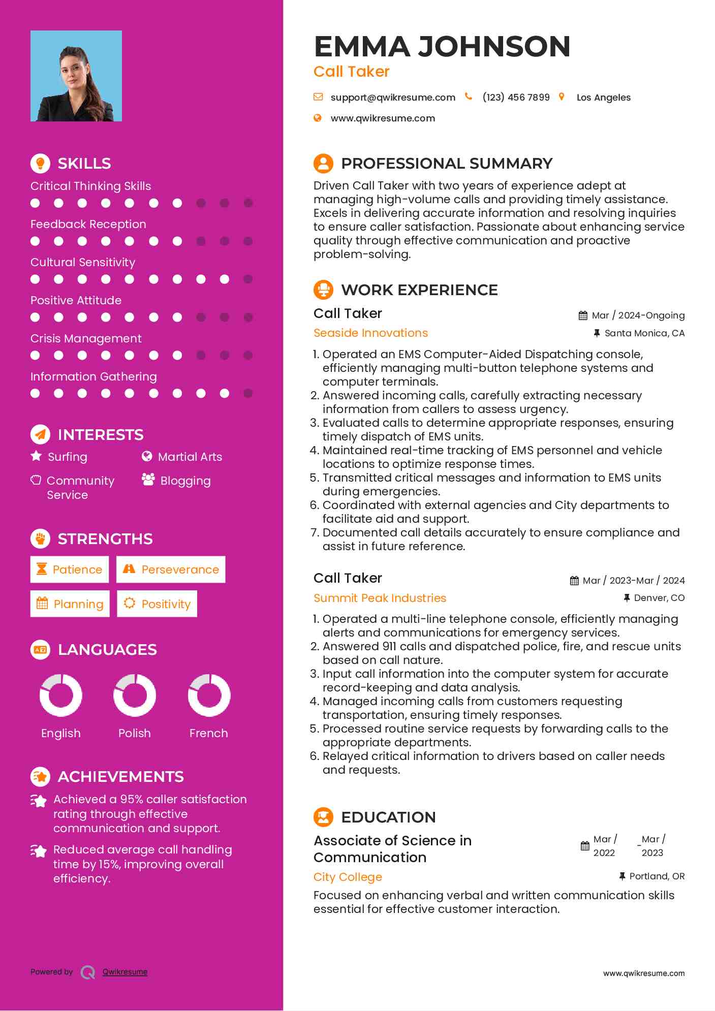 Call Taker Resume Model