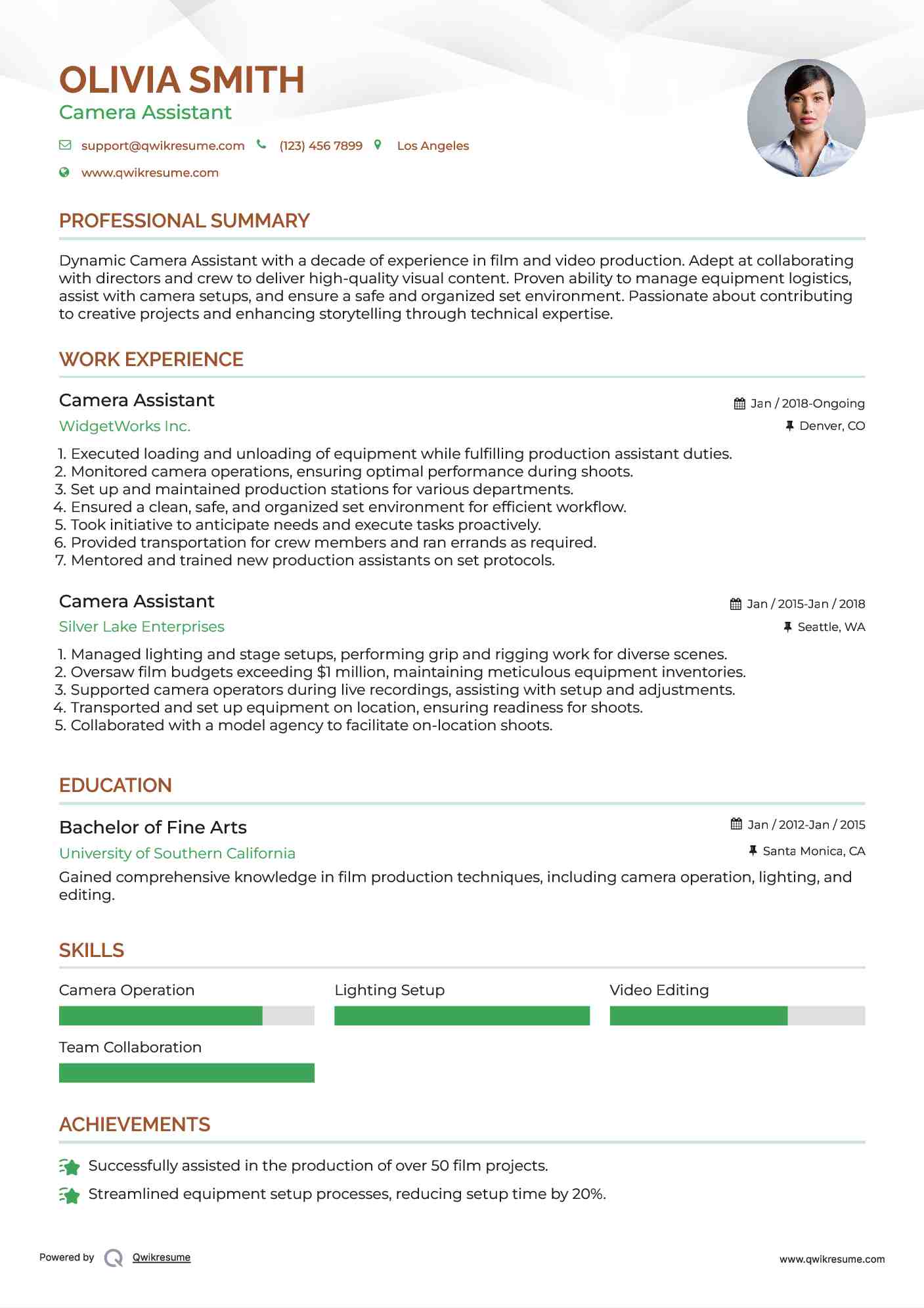 Camera Assistant Resume Example